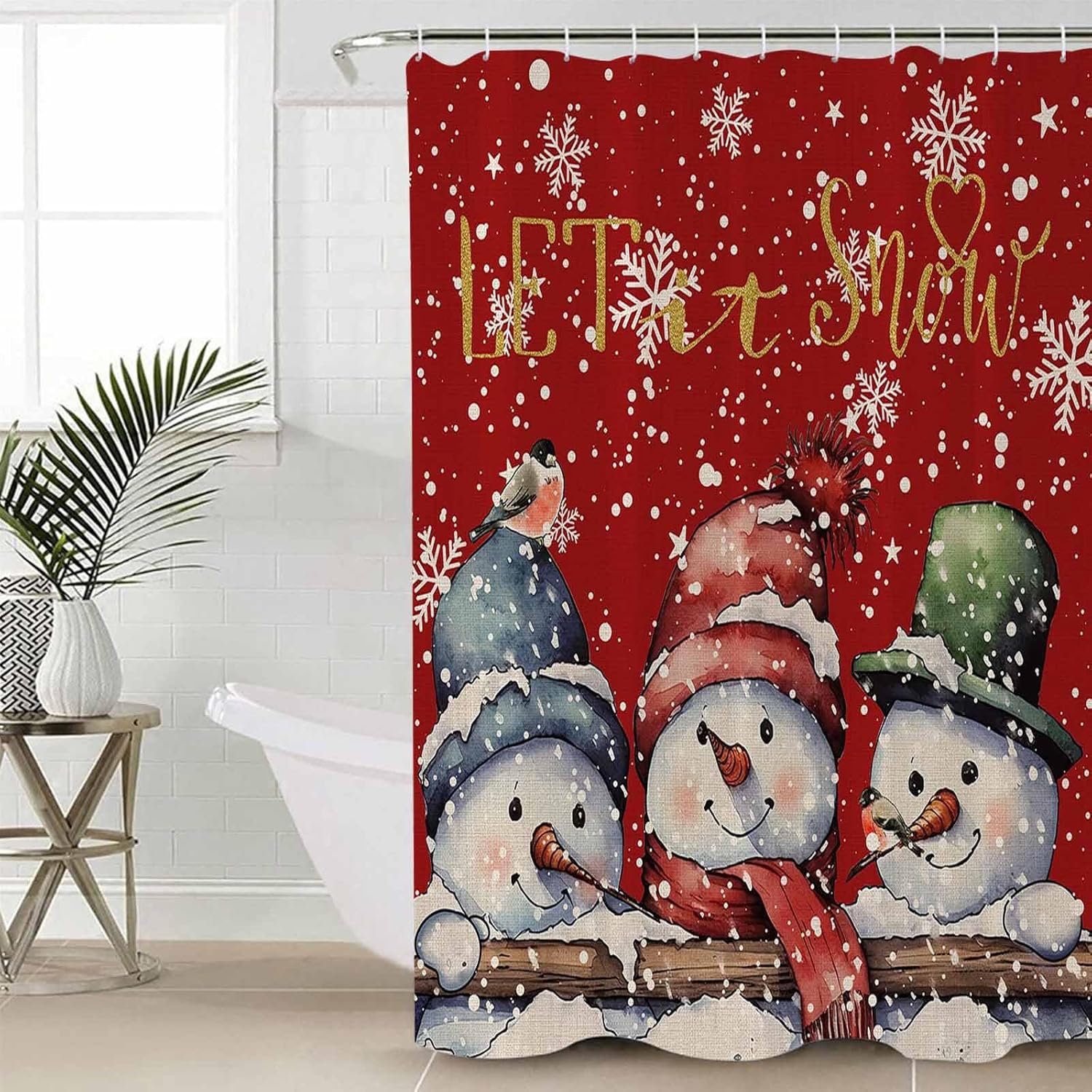 LBHAUSE Cortina de ducha de Navidad con diseño de muñeco de nieve rojo para baño, cortina de ducha de tela impermeable con copos de nieve en