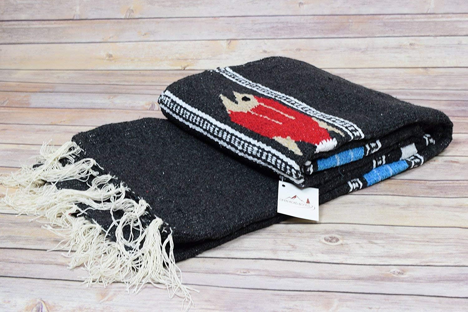 Manta de yoga mexicana gruesa de carbónnegrogris, diseño de pez serape, hecha a mano