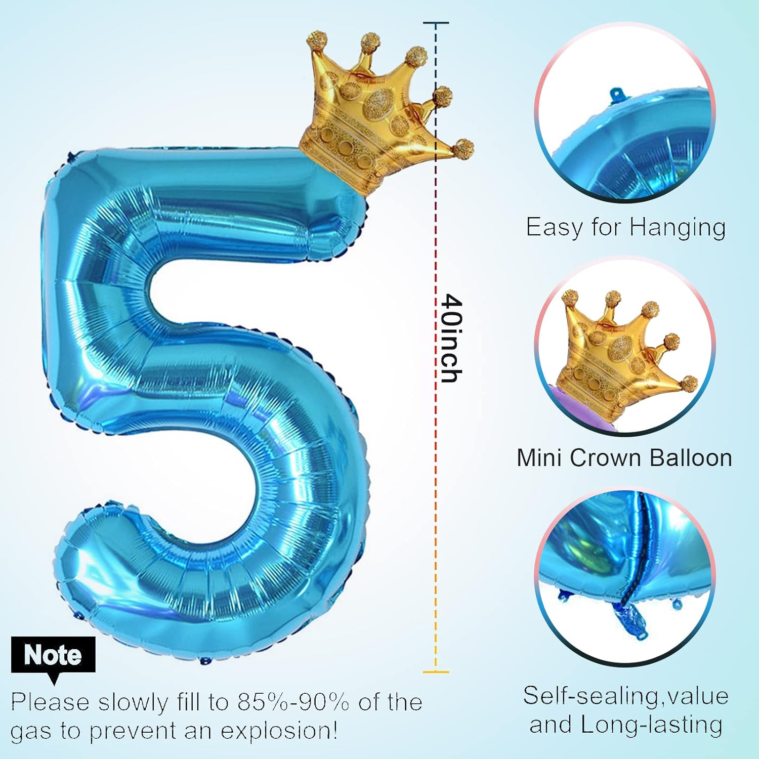 Globo azul claro de 40 pulgadas con número 5 y corona pequeña para decoraciones de fiesta de cumpleaños, decoraciones de fiesta de cumpleaños 5,