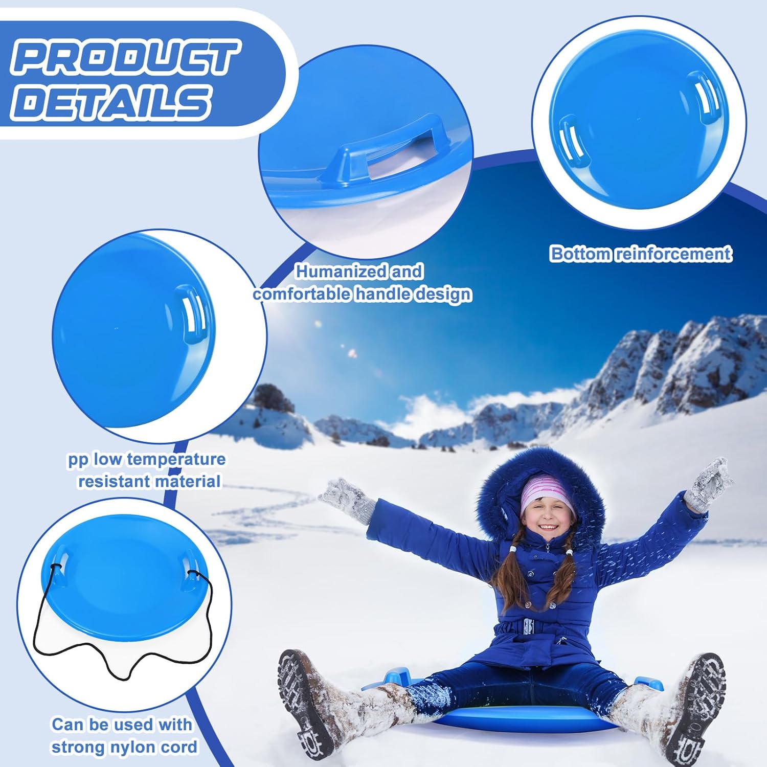 8 trineos de nieve de 25.2 pulgadas para niños y adultos, trineos de nieve de invierno de plástico con asas, platillo de nieve resistente, trineo