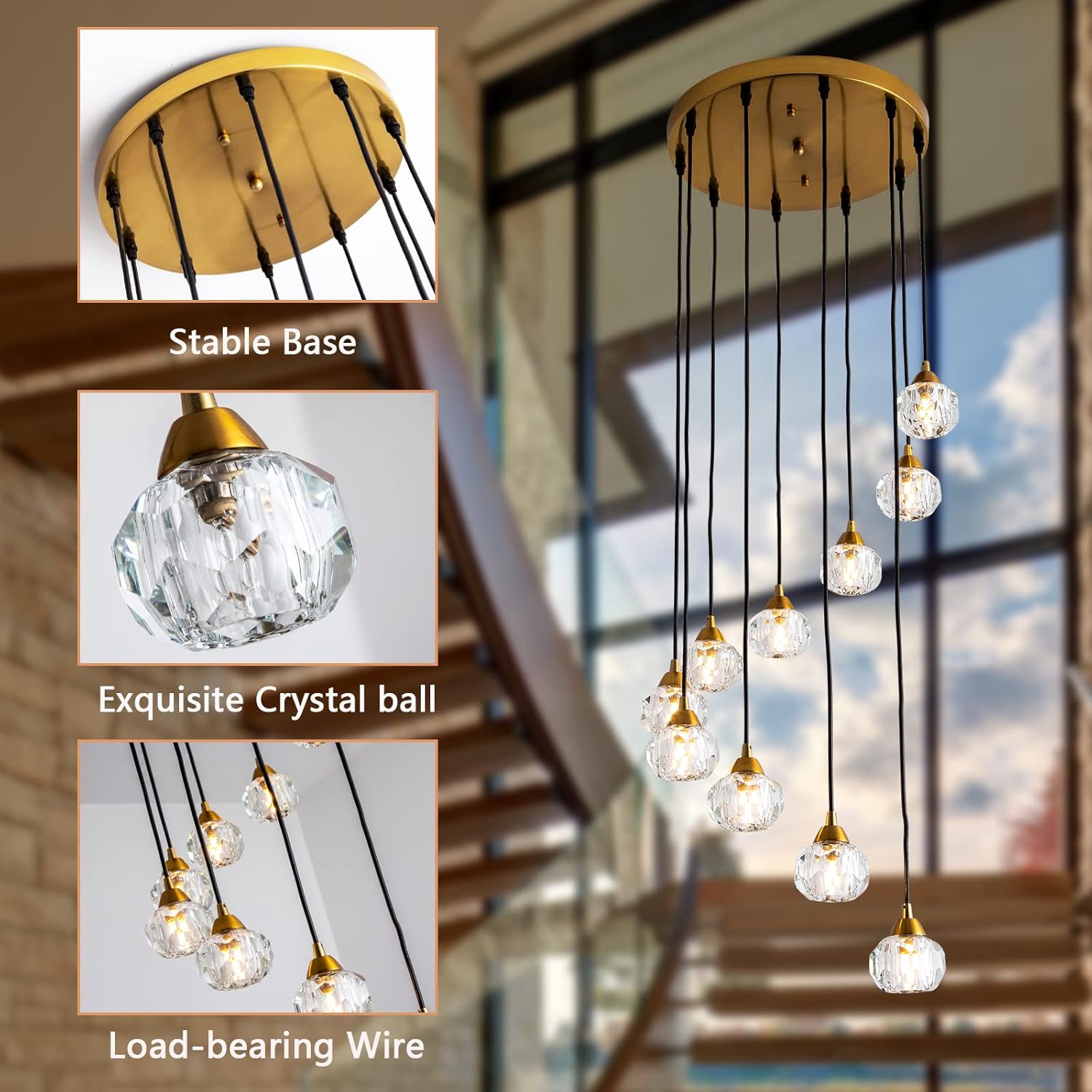 Maxax Candelabros de techo de cristal de 10 luces, lámpara colgante grande de gota de lluvia moderna de montaje empotrado, lámparas de techo de