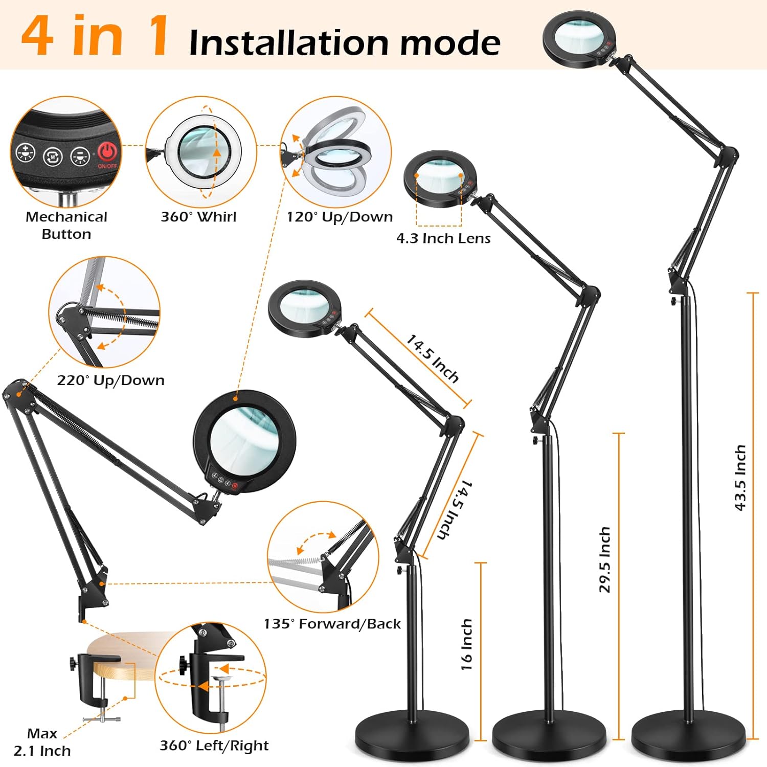 Krstlv – Lupa 8X con luz y soporte, LED 4 en 1, 5 modos de color, lámpara de pie regulable sin escalones, lámpara de pie con brazo oscilante