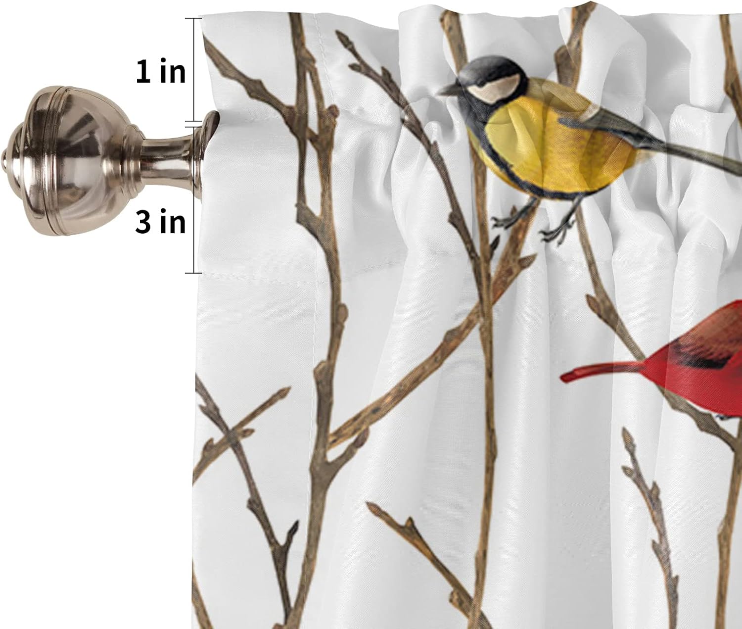 Cenefa de Navidad para ventanas, pájaros en un árbol, cortina de cocina, cenefas con bolsillo para barra, cortina de ventana de pájaro amarillo y