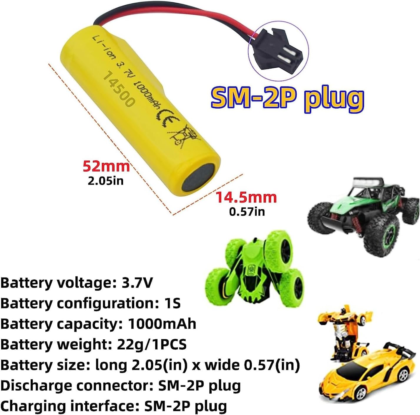 PUOO Batería de iones de litio de 3.7 V 1000 mAh con cable de carga USB para TB202 TB201 TM201 TM202 TC141 DE35 DE38 DE40 DE50 RC Stunt Car RC