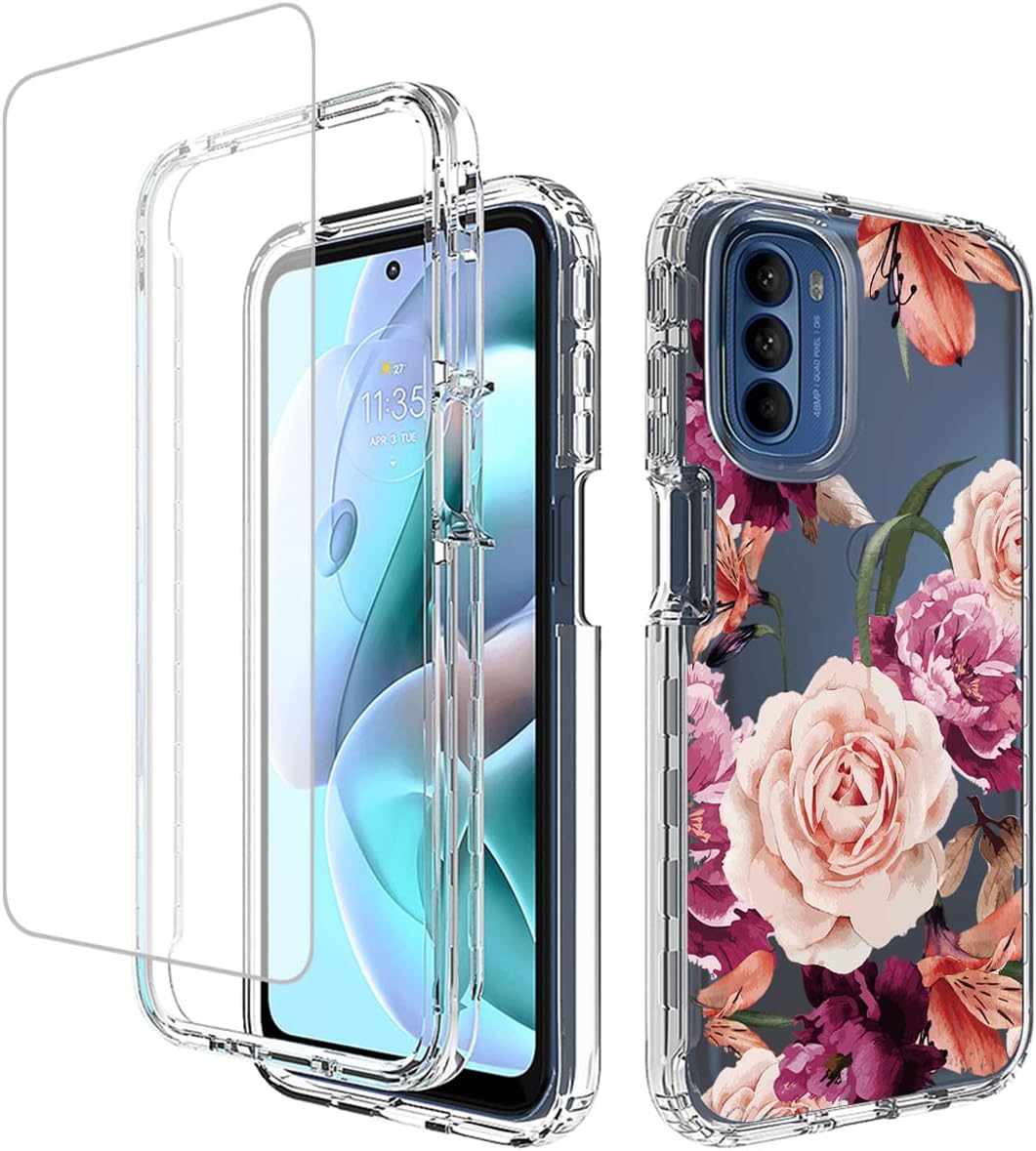 Funda para Moto G31Moto G41 XT2167-1 con protector de pantalla de vidrio templado, cuerpo completo, transparente, flexible, con diseño floral,