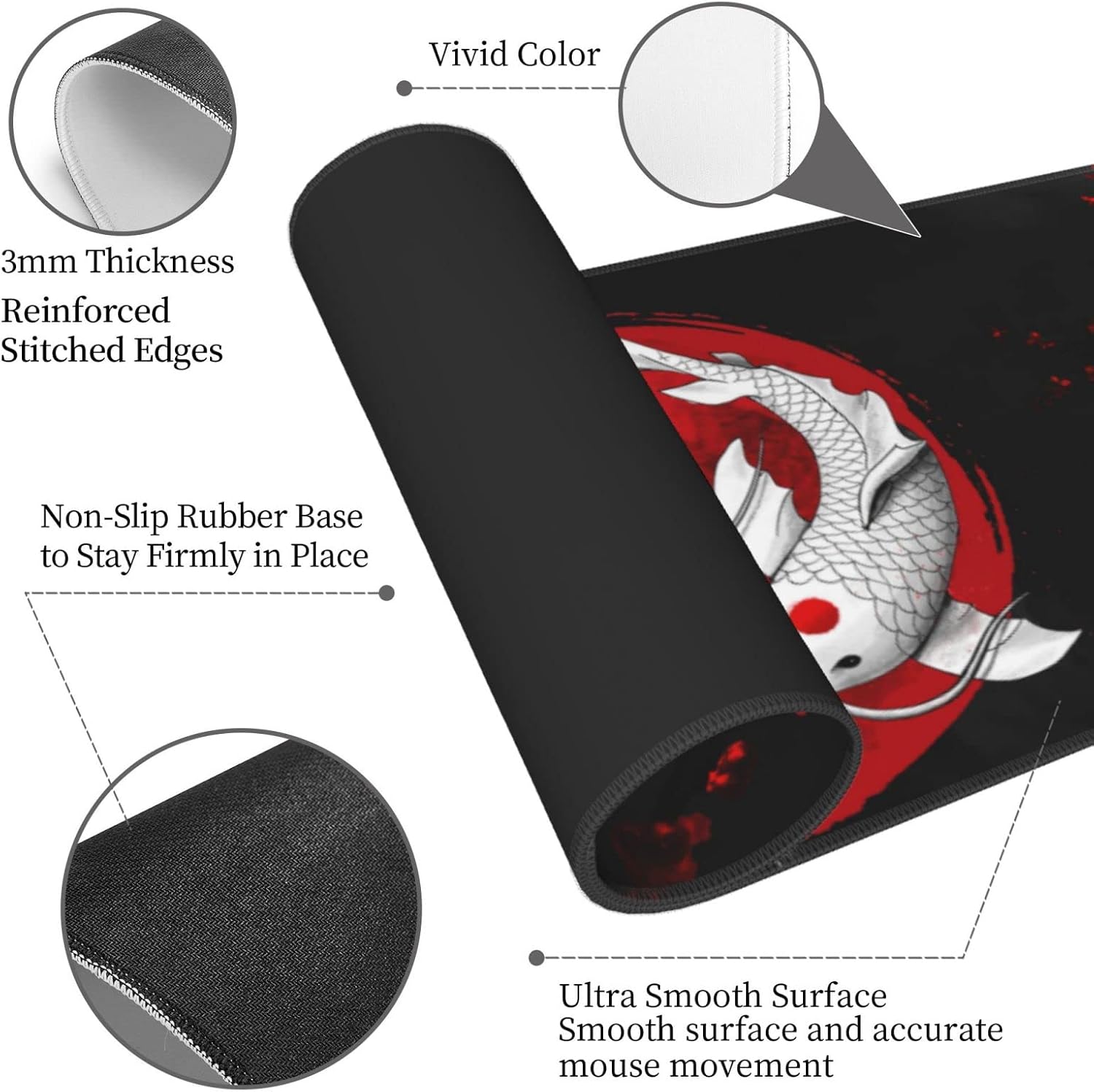 Alfombrilla de mouse japonesa con diseño de pez de carpa Yin y Yang Koi, color negro y rojo, XL extendida, base de goma antideslizante, borde