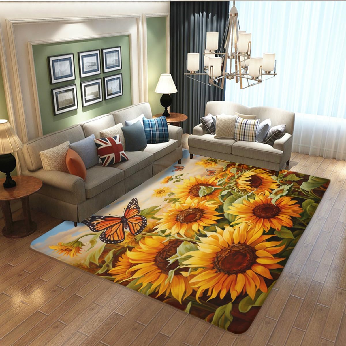 ARRUDA Alfombra antideslizante de girasol, girasol y mariposa, alfombra de área para cocina, dormitorio, sala de estar, decoración de habitación de