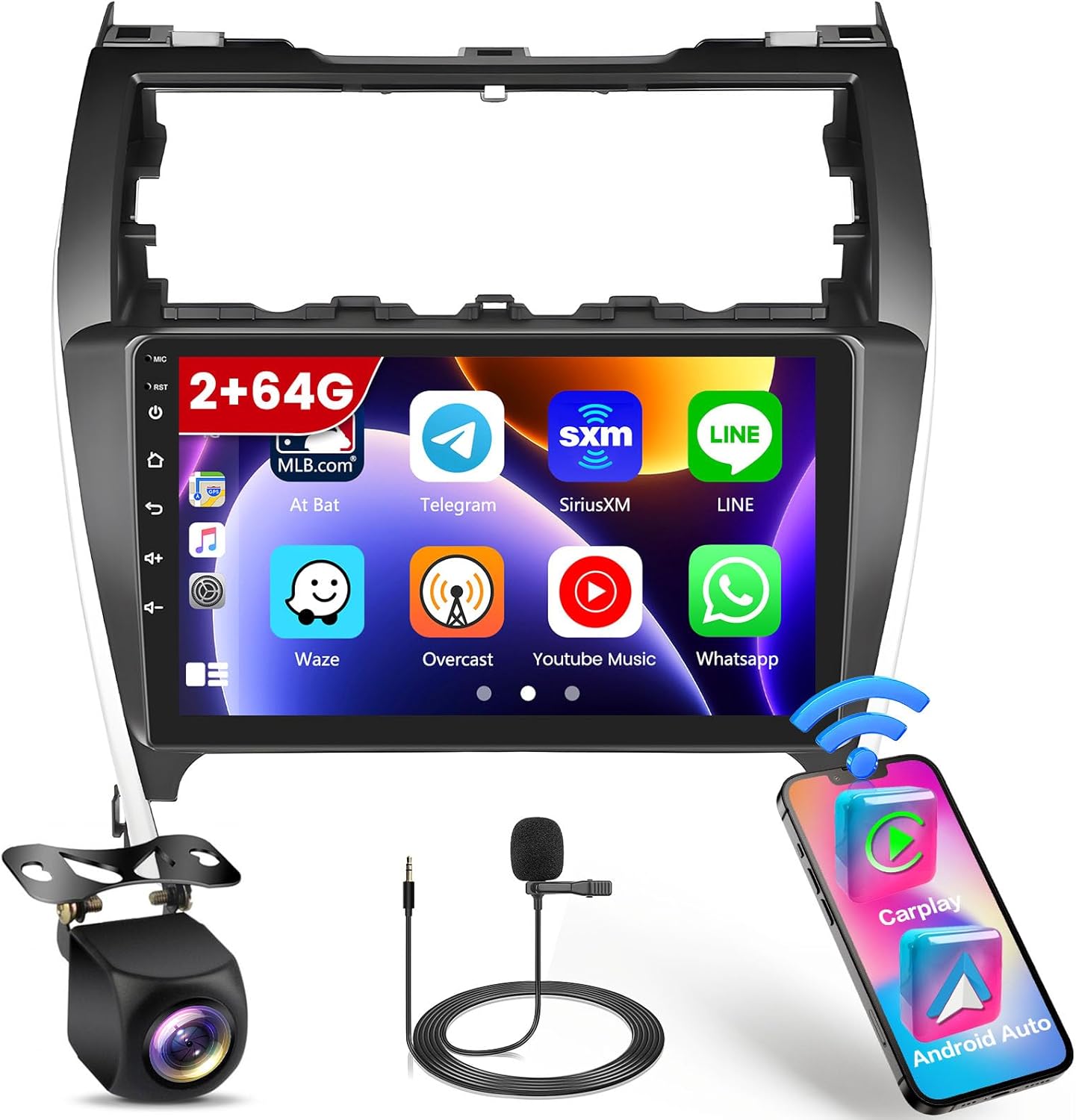 Roinvou Estéreo Android CarPlay 2+64G para Toyota Camry 2012-2014, CarPlay inalámbrico integrado con Android Auto, pantalla táctil de 10.1 pulgadas