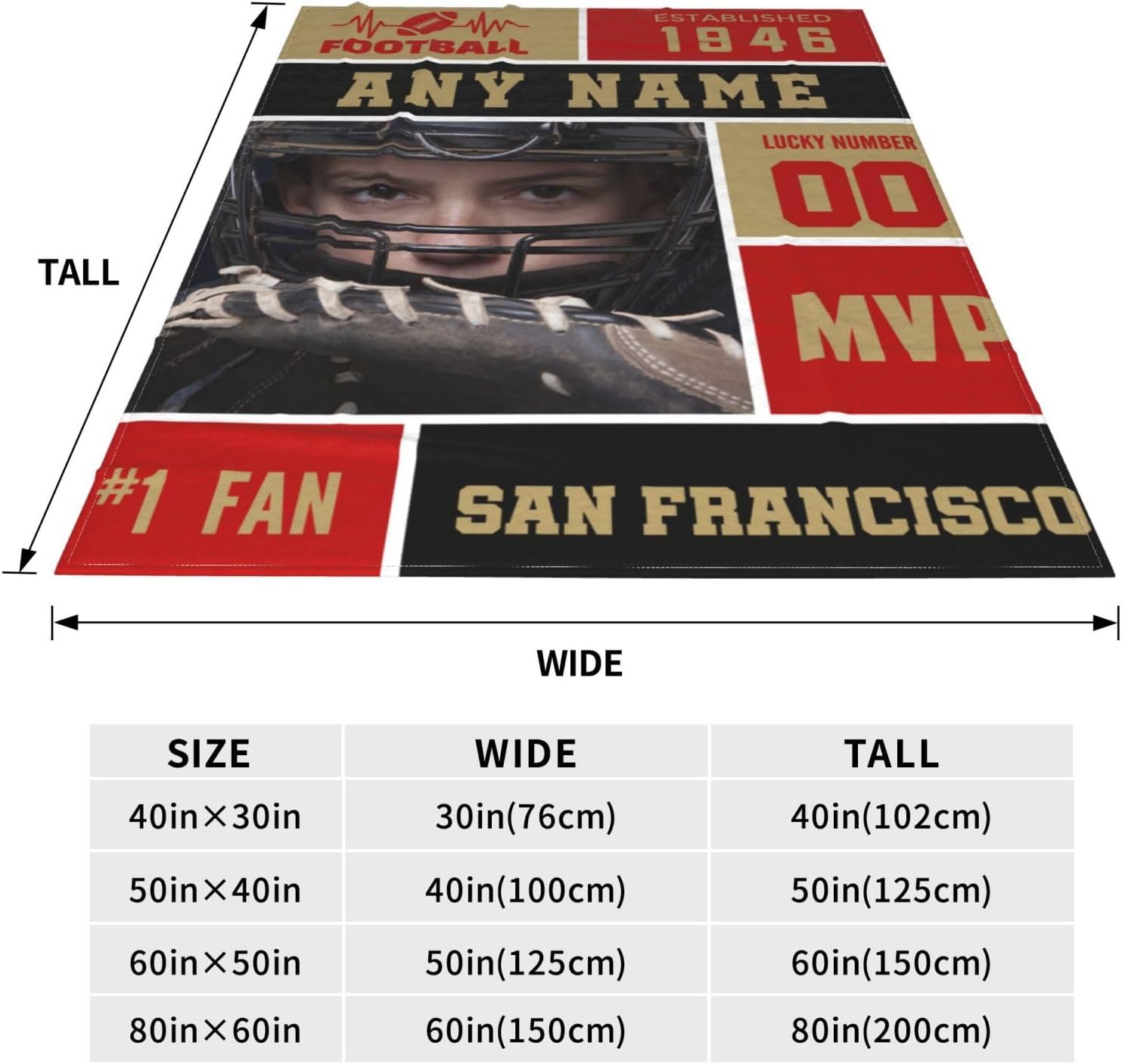 Manta personalizada de San Francisco con foto y número de nombre, manta de franela personalizada para fanáticos del fútbol, regalo conmemorativo