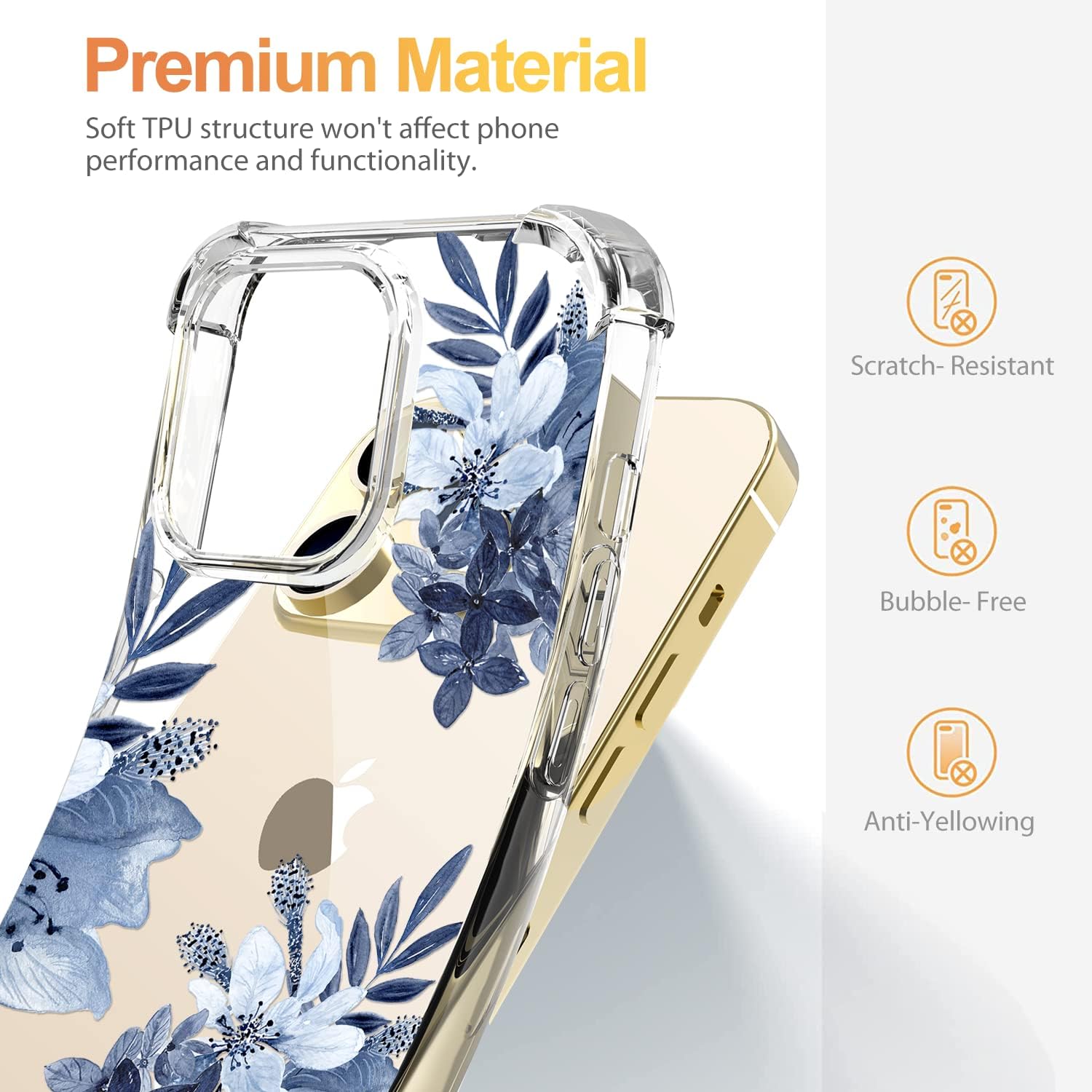 Funda diseñada con flores para iPhone 13 Pro con protector de pantalla, funda transparente floral para mujer, a prueba de golpes, funda protectora