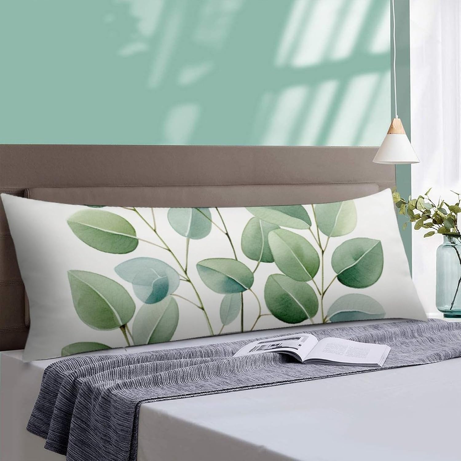 Funda de almohada corporal con cremallera, diseño de eucalipto de temporada, hojas de plantas verdes, con cremallera, diseño rústico, acuarela,