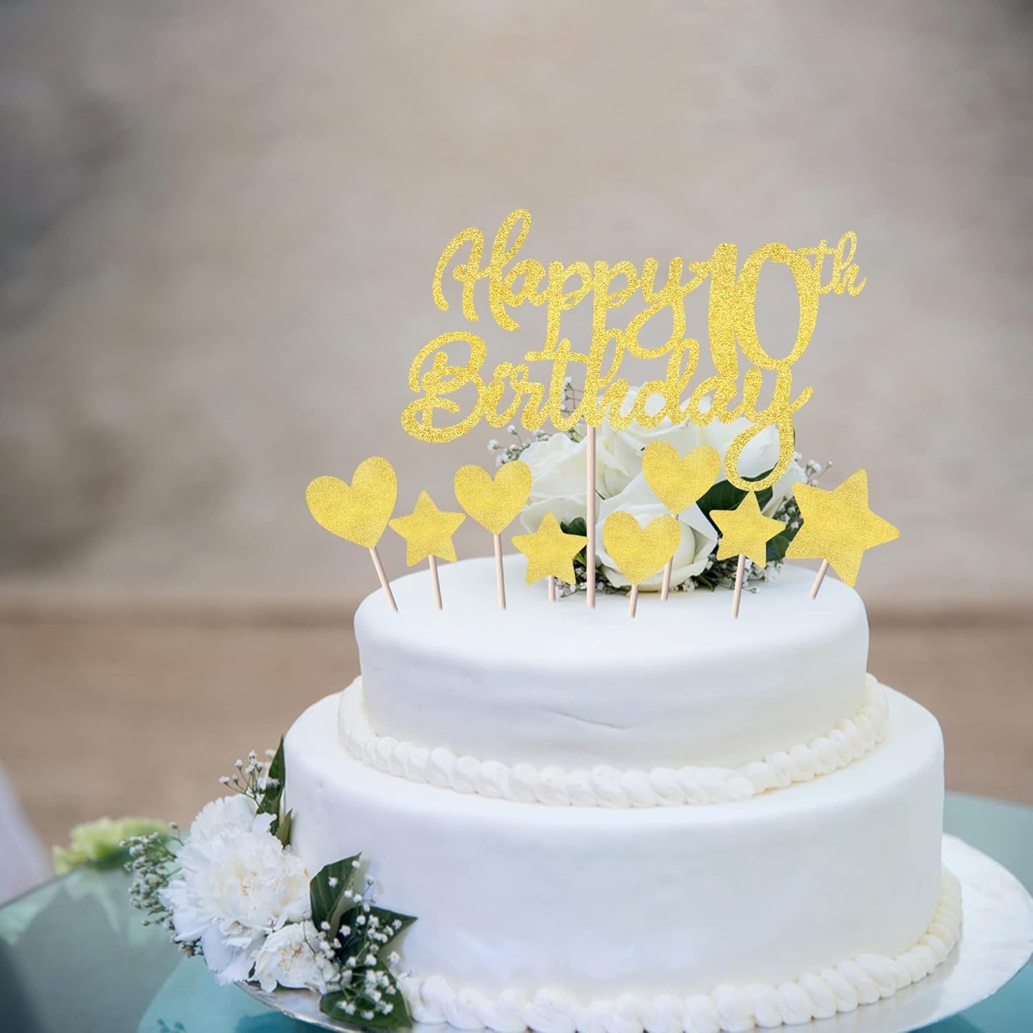 Paquete de 9 decoraciones para tartas de cumpleaños número 10 con purpurina de corazón y estrella para cupcakes, saludos a los 10 años de edad,