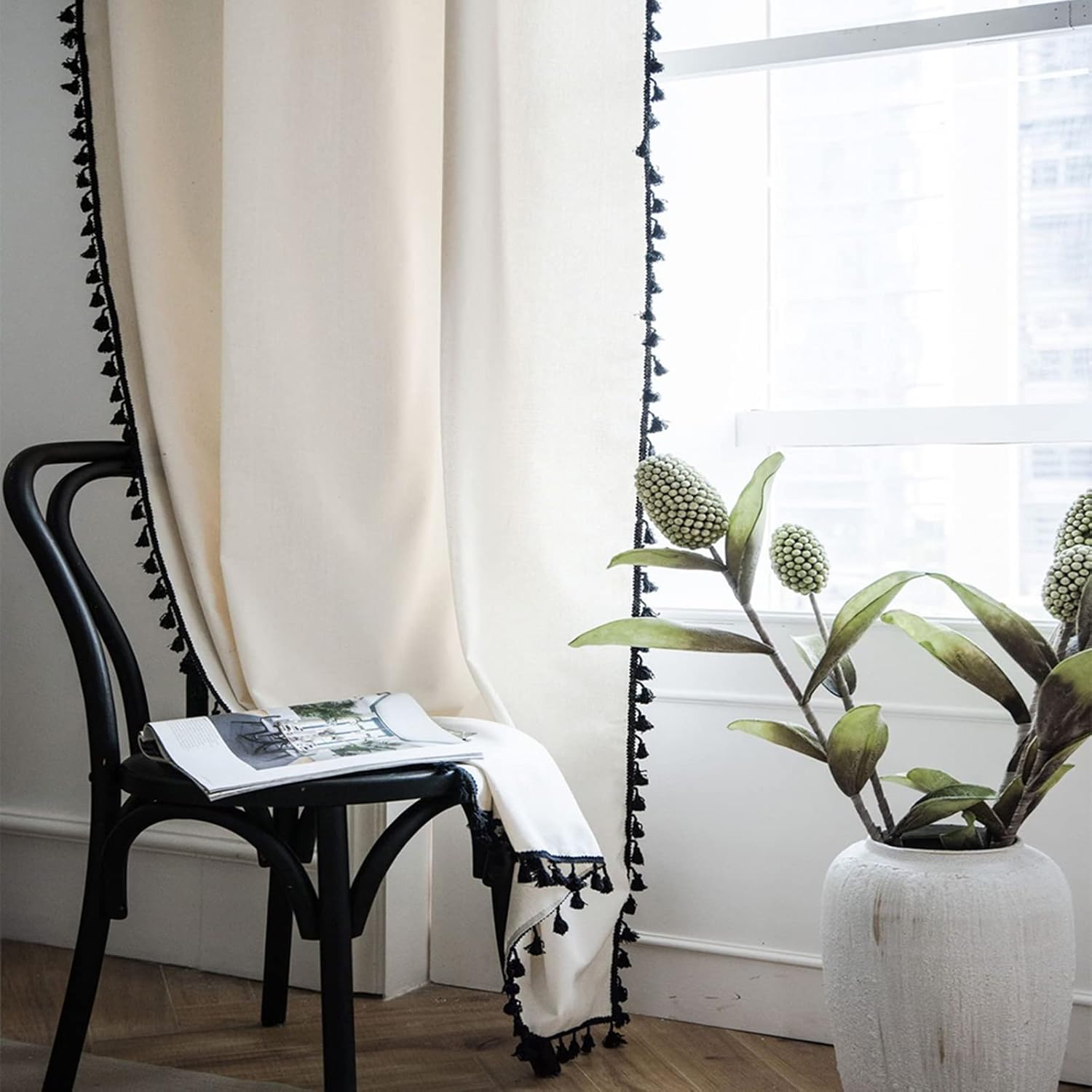 Cortinas de estilo bohemio, de lino y de arpillera para dormitorio, cortinas de ventana semiopacas con borlas, juego de cortinas rústicas para
