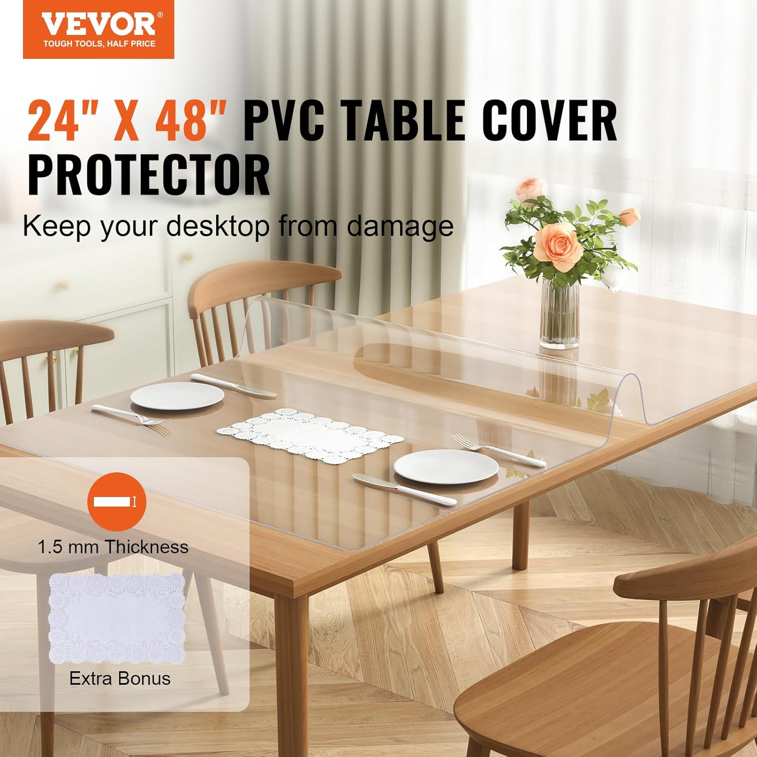 VEVOR Protector transparente para mesa, rectangular de 24 x 48 pulgadas, mantel de plástico PVC de 0.059 in de grosor, protector de escritorio