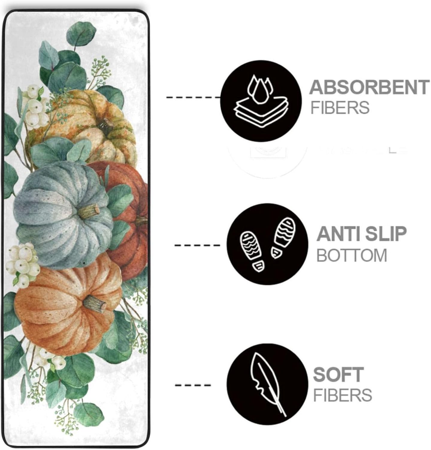 Alfombra antideslizante con hojas de calabaza, bayas, escena de cosecha de acuarela, lavable, alfombra de pasillo para lavandería, alfombra suave