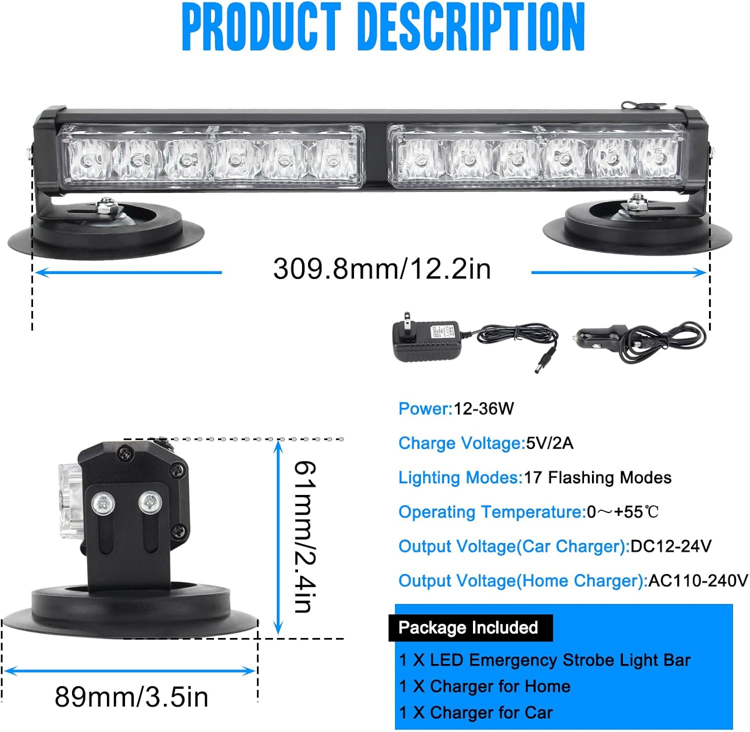 OPPBUY Barra de luz estroboscópica LED para techo, luz estroboscópica inalámbrica recargable de advertencia de emergencia, 17 modos intermitentes,