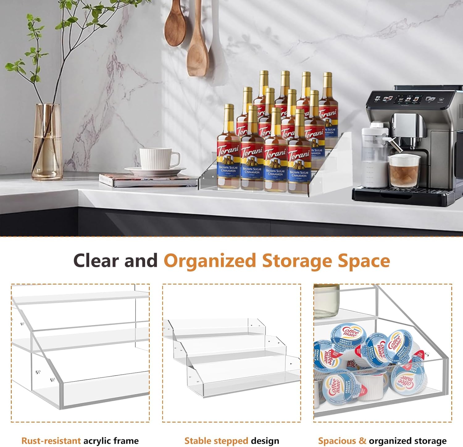 Organizador acrílico para jarabe de café, 3 niveles para 12 botellas, soporte para jarabe de café, accesorios de barra de café y organizador para