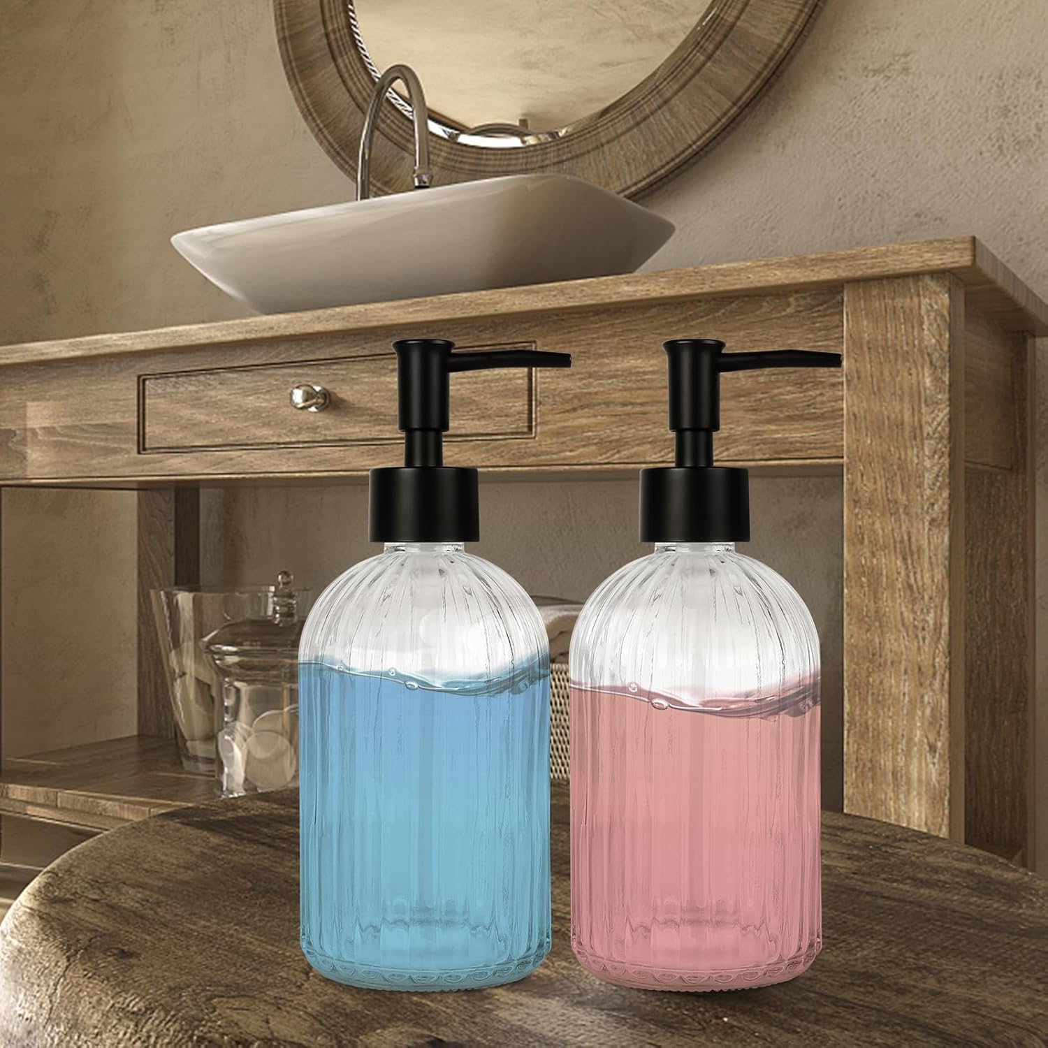 Ulable Paquete de 2 dispensadores de jabón de vidrio transparente con bomba, dispensador de jabón recargable de 13.5 onzas con rayas verticales para