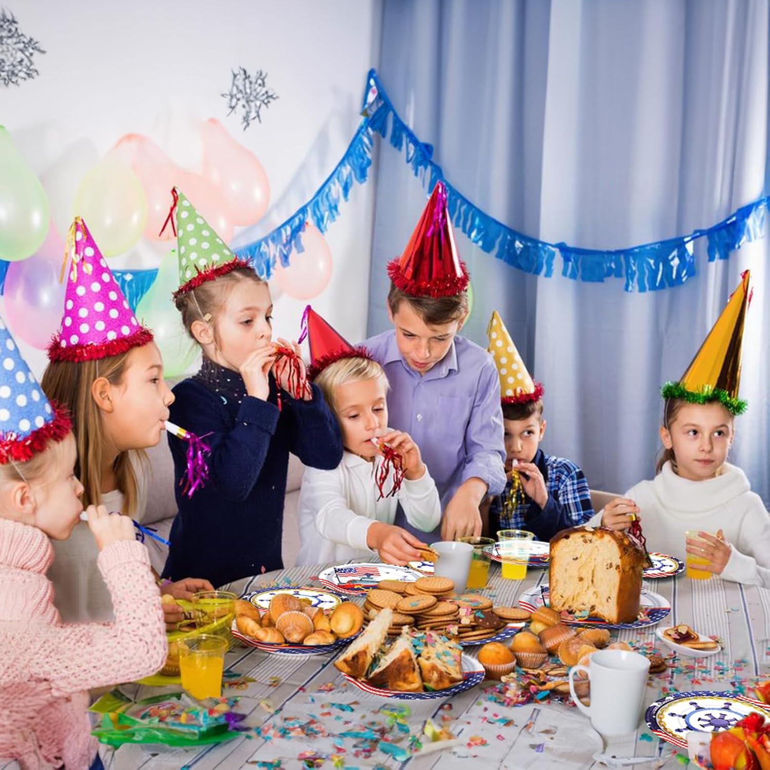 SCIONE 96 piezas de decoraciones de fiesta azul marino, juego de vajilla para fiestas temáticas náuticas, platos desechables y servilletas,