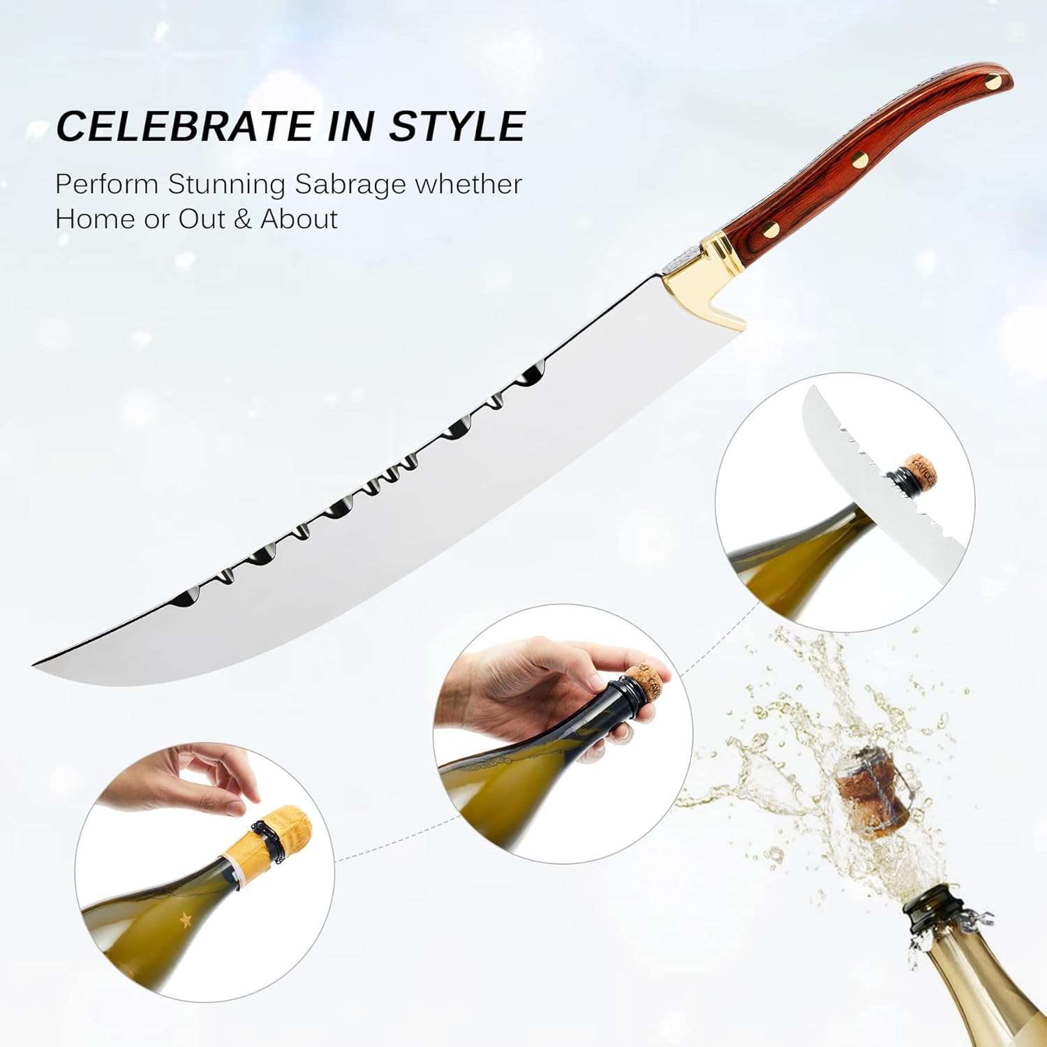 CO-Z Sable de champán con caja, cuchillo de champán abridor de vino con mango de madera y detalles dorados, abridor de botellas de acero inoxidable