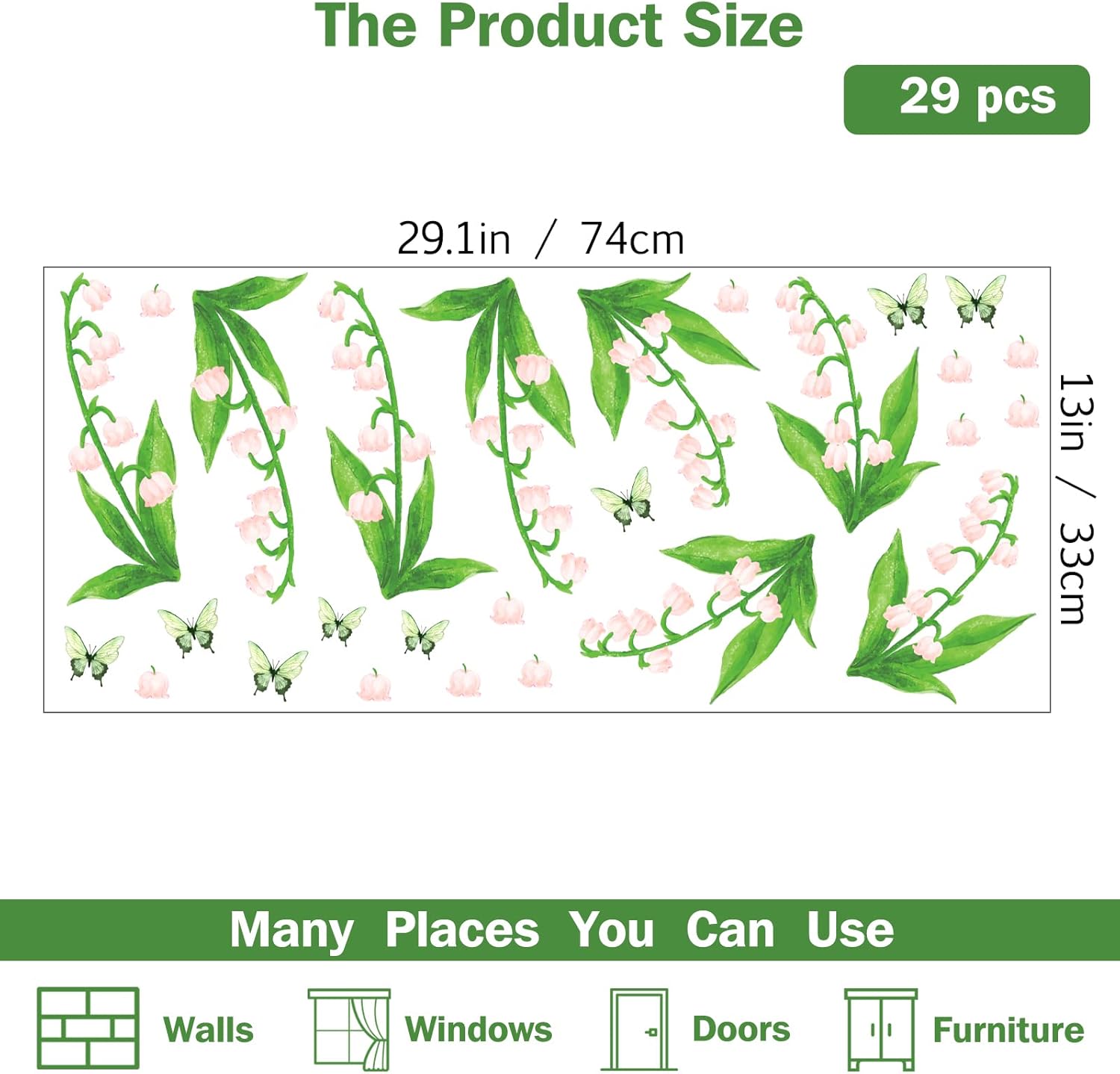 Calcomanías de pared de flores rosas y plantas verdes, calcomanías de pared de vinilo extraíble con mariposas para sala de estar, dormitorio,