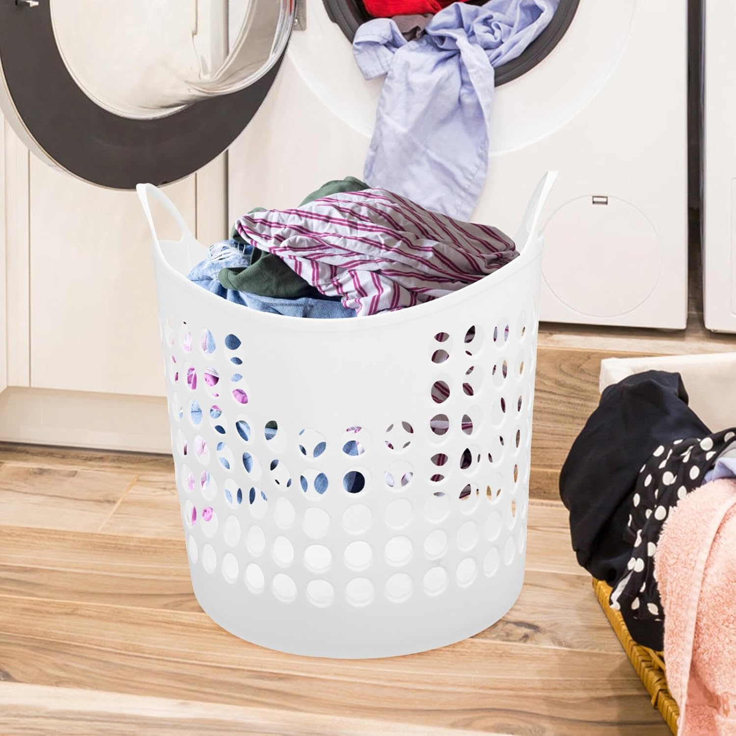 Zerodeko Cesta flexible de plástico para ropa sucia, contenedor redondo portátil con asas de transporte para ropa, dormitorio, organizador de