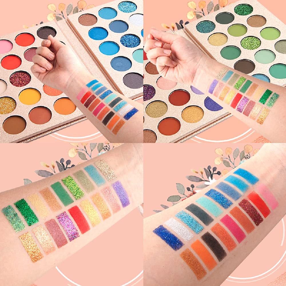 VERONNI Paleta de sombras de ojos profesional de 65 colores, altamente pigmentada con purpurina metálica brillante mate, ultra mezclable, color
