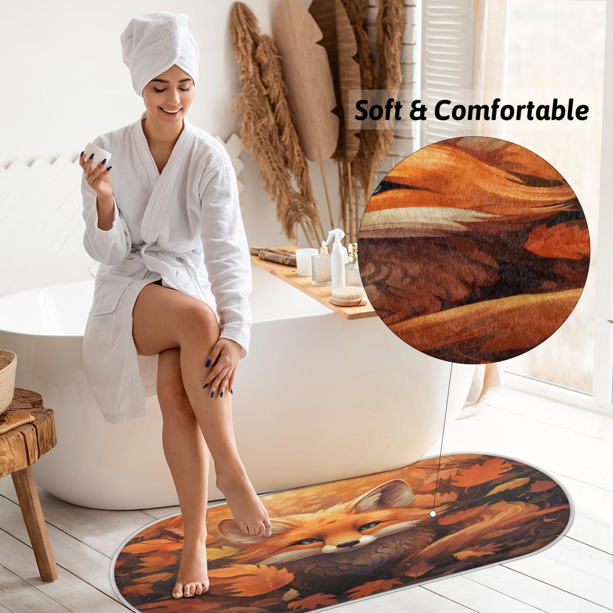 cfpolar Alfombra de baño de hojas de arce de lobo, antideslizante, tapete de baño de microfibra absorbente, lavable a máquina, tapete ovalado de