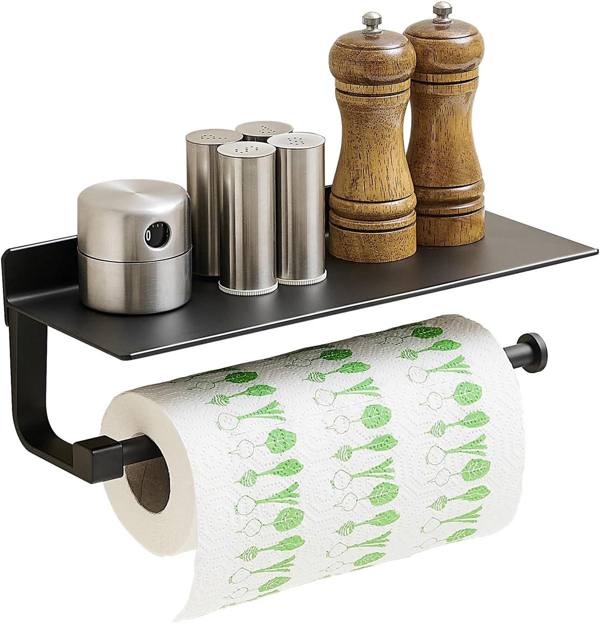 Soporte de pared para toallas de papel, para baño, toallero de mano para baño, soporte para toallas de papel negro con estante (negro mate)