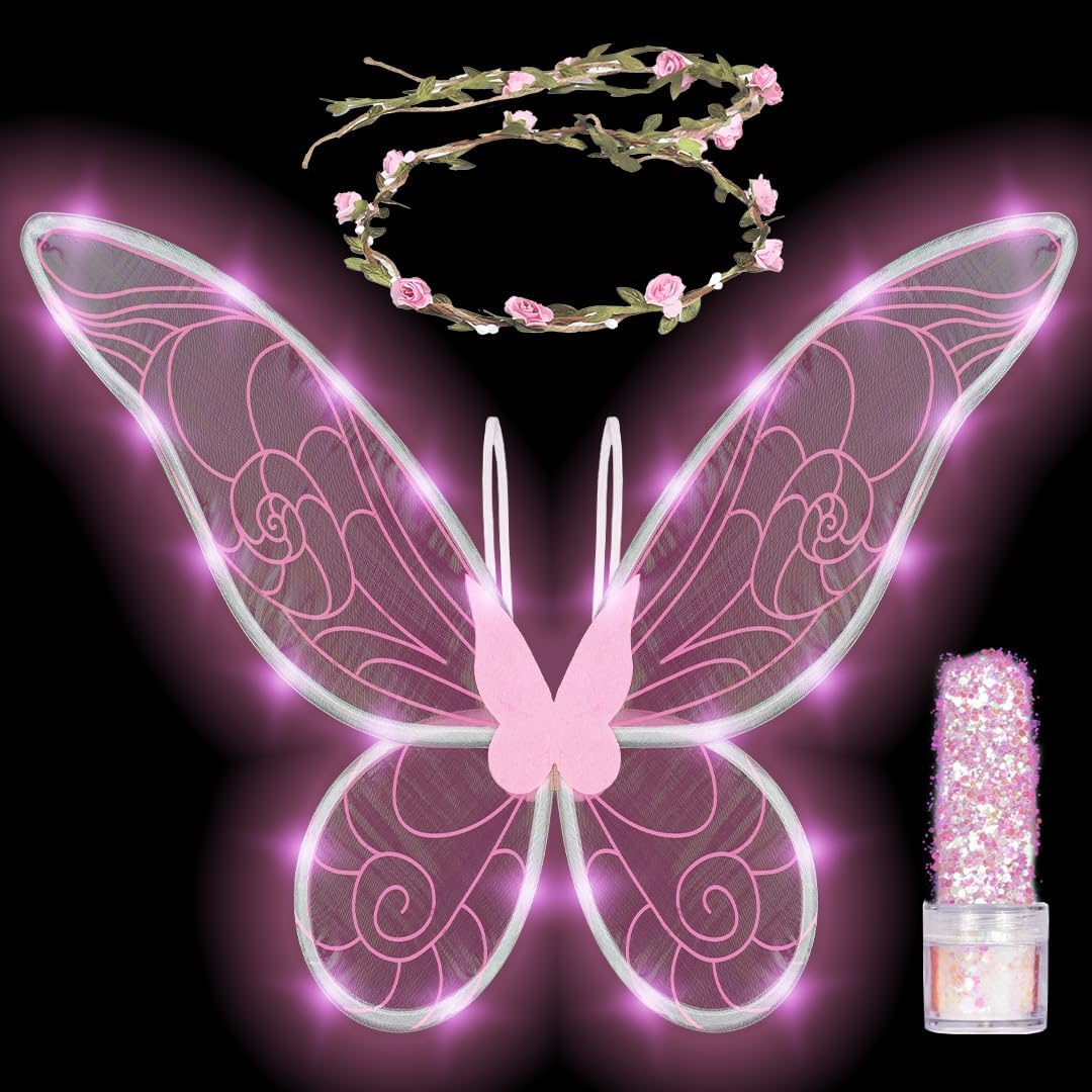 Funcredible Fairy Costume Accessories – Orange Light Up Fairy Wings and Flower Crown, Glitter