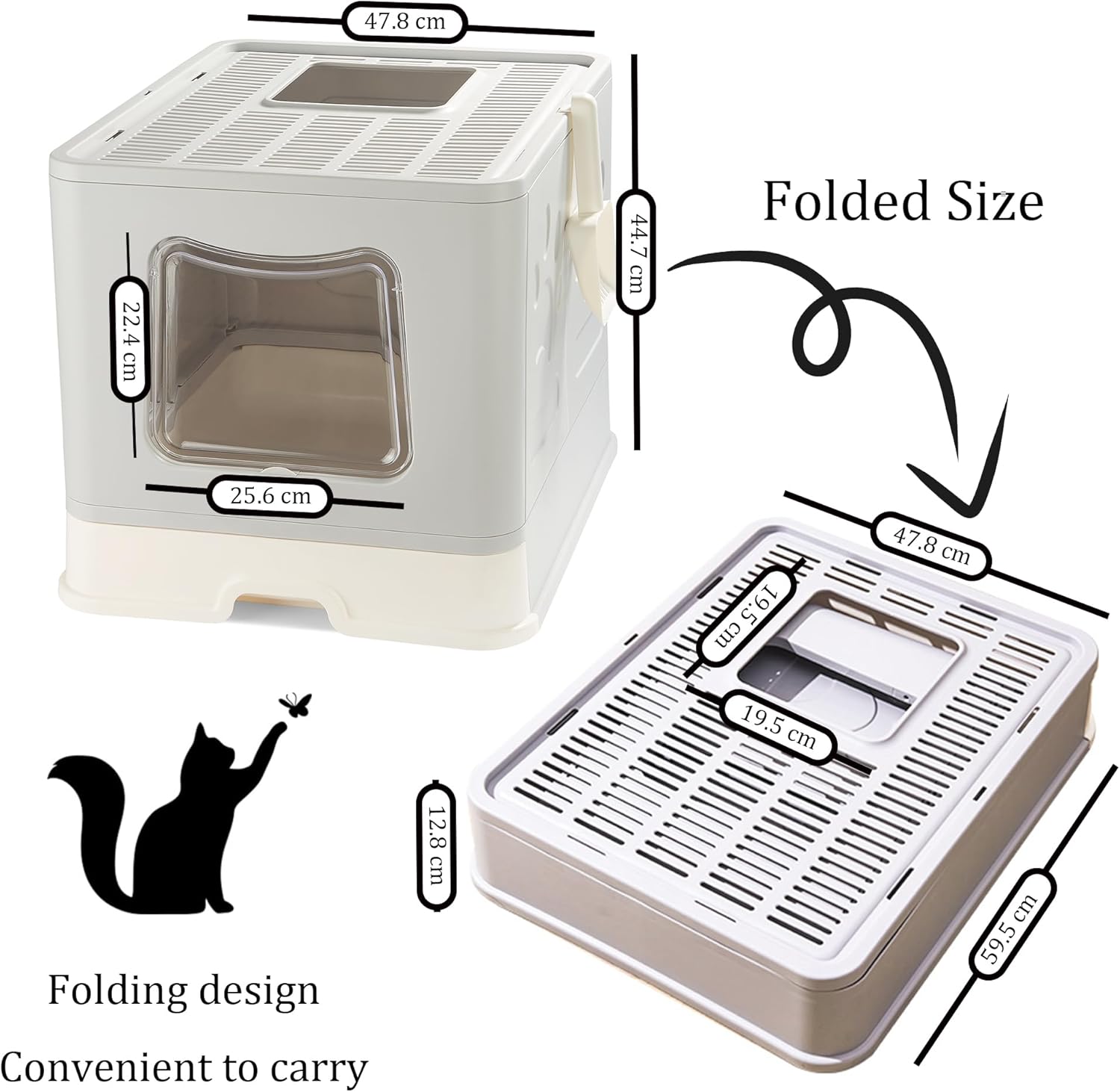 Caja de arena extragrande para gatos plegable con tapa cubierta, entrada superior cerrada, inodoro grande para gatos grandes con cuchara, bandeja de
