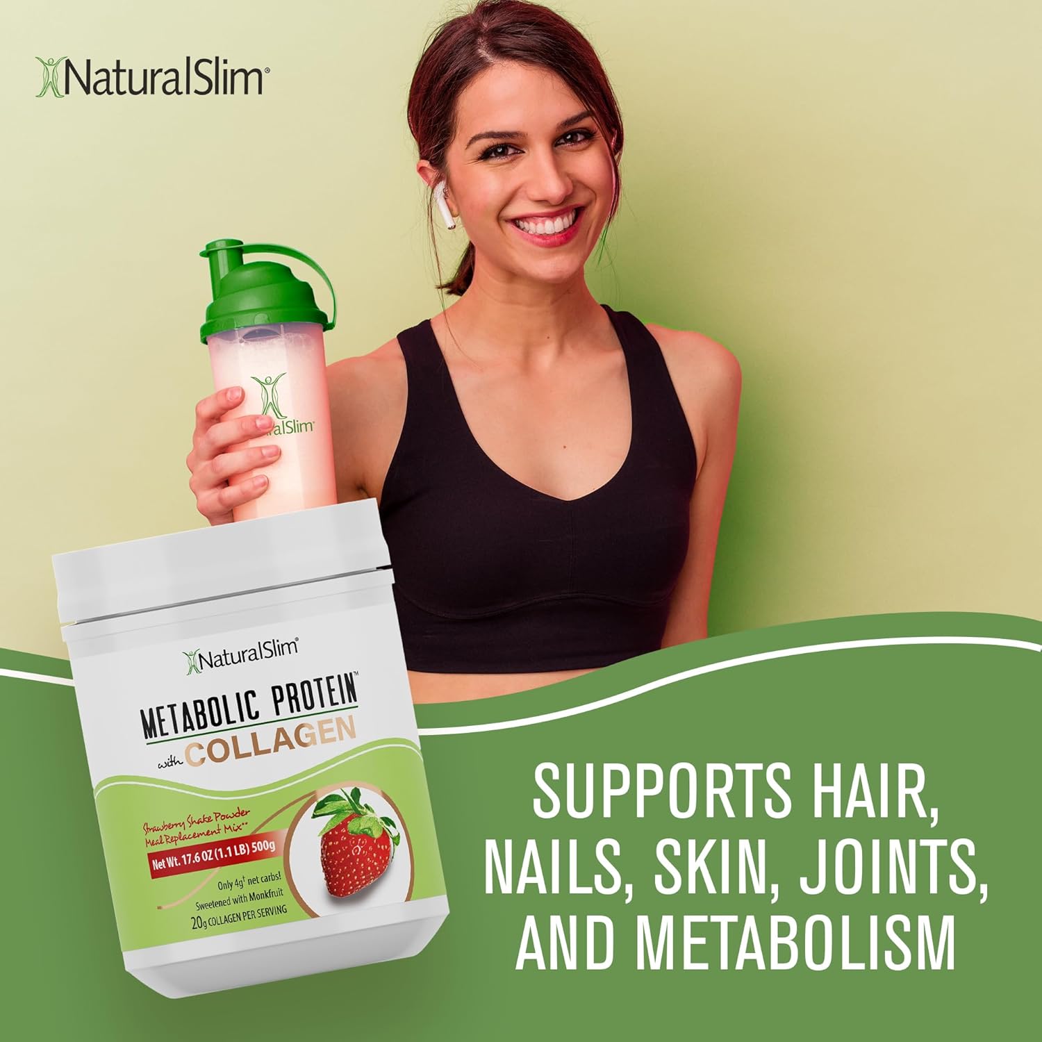 NaturalSlim Polvo de proteína metabólica con colágeno y fresa, polvo de proteína de colágeno hidrolizado para cabello, piel, hueso, articulaciones y