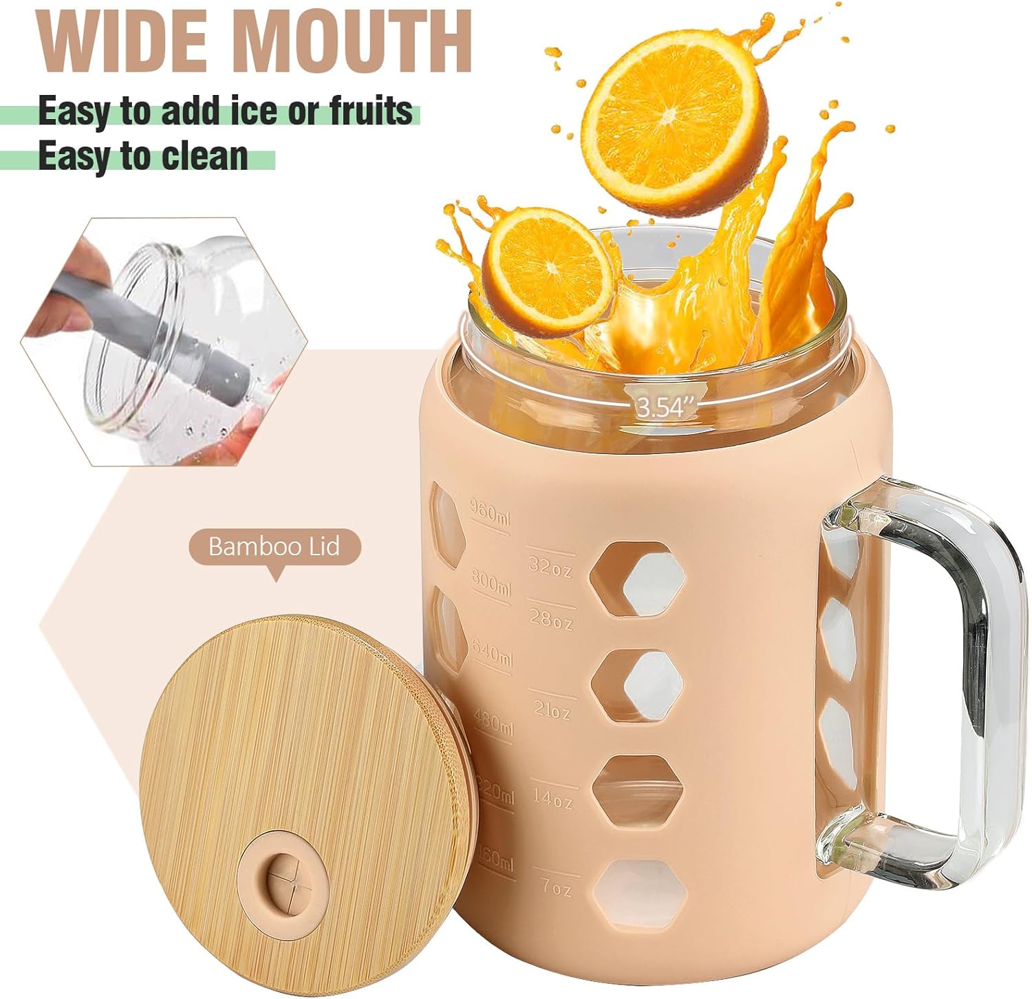 MUKOKO Vaso de vidrio de 32 onzas con tapa de bambú y pajilla, botellas de agua de vidrio con marcador de tiempo, taza de café helado con asa, dos