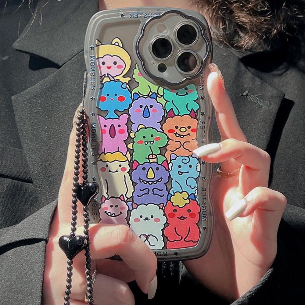 LOLAGIGI Funda negra para iPhone 13 Pro Max con forma de marco de onda rizada de monstruos de dibujos animados Kawaii, diseño femenino de dibujos