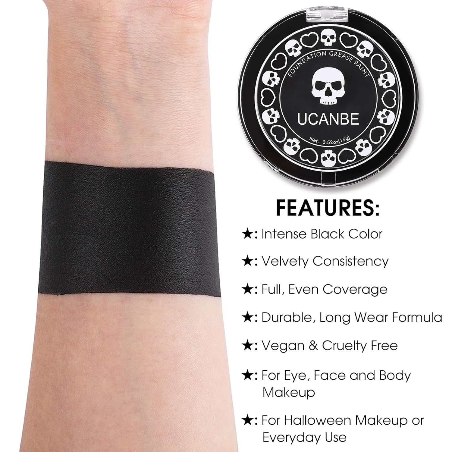 UCANBE Base de maquillaje facial y corporal en crema negra, pintura de grasa profesional no tóxica, paleta de pintura facial para Halloween para
