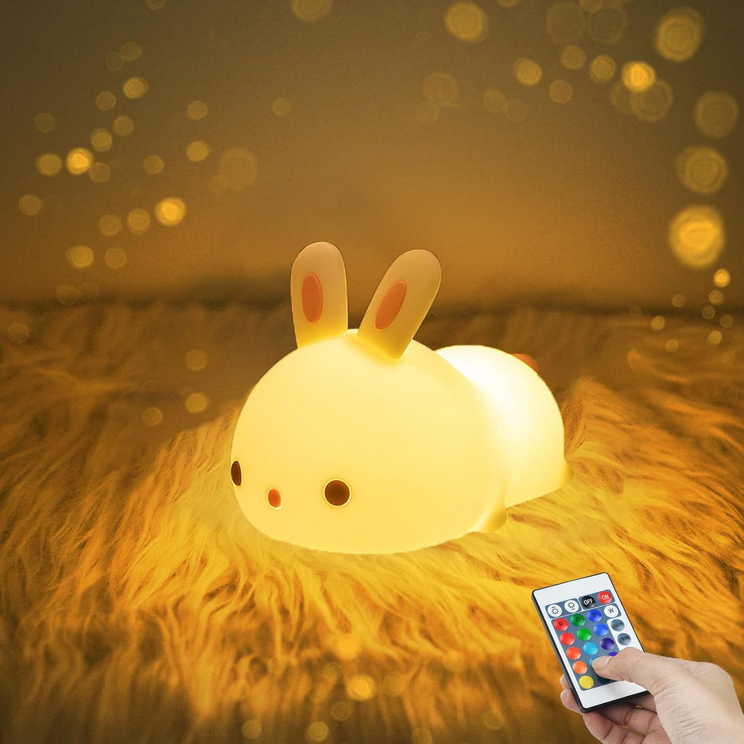 Linda luz nocturna de conejo, recargable por USB, luz nocturna con sensor táctil y control remoto, 4 modos, 16 colores, luz nocturna para niños,