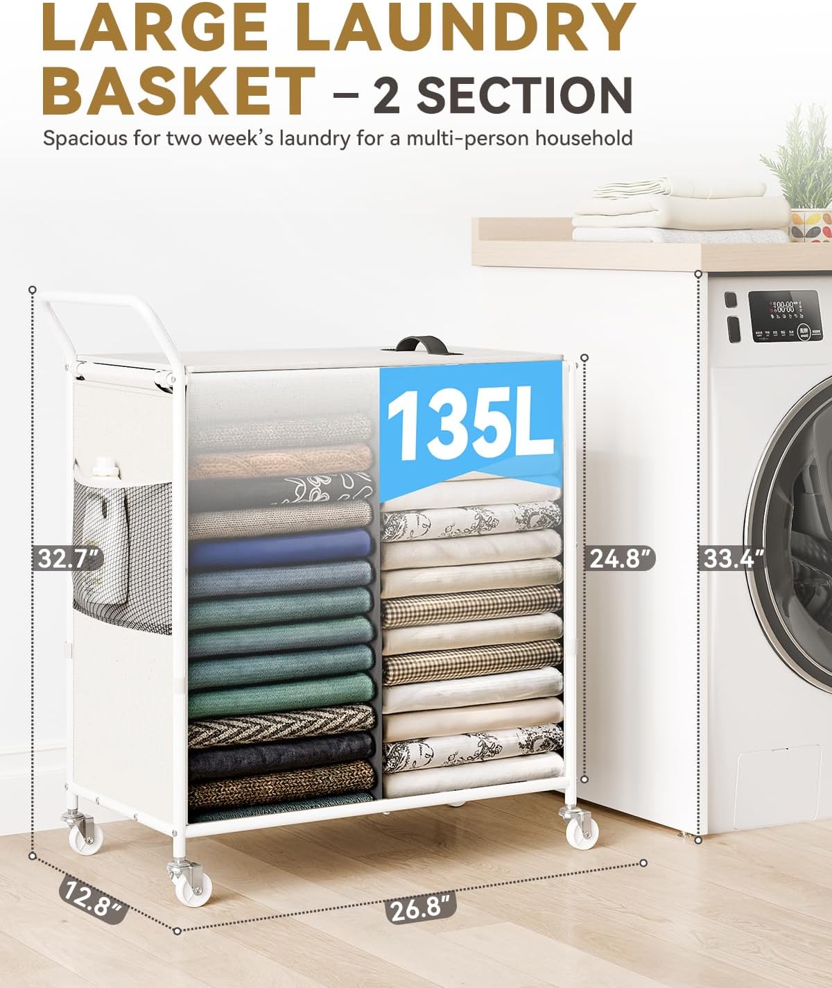 SOLEDI Cesta doble para la ropa sucia con ruedas, 36 galones (135 litros), cesta grande de 2 secciones, marco de metal resistente con asa, carrito