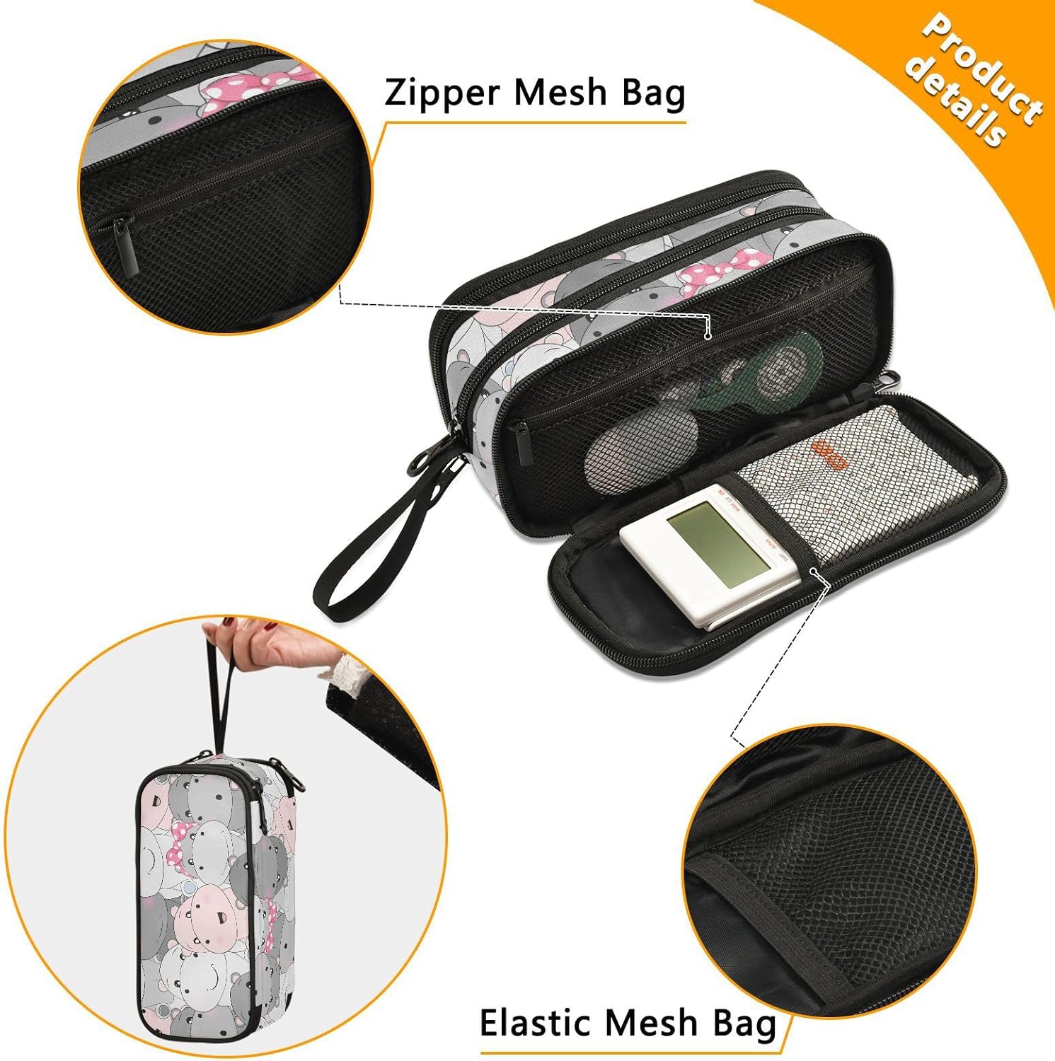 Lindo estuche para lápices de hipopótamo para bebés, estuche grande para lápices para niños, niñas, compartimentos con cremallera, gran capacidad,