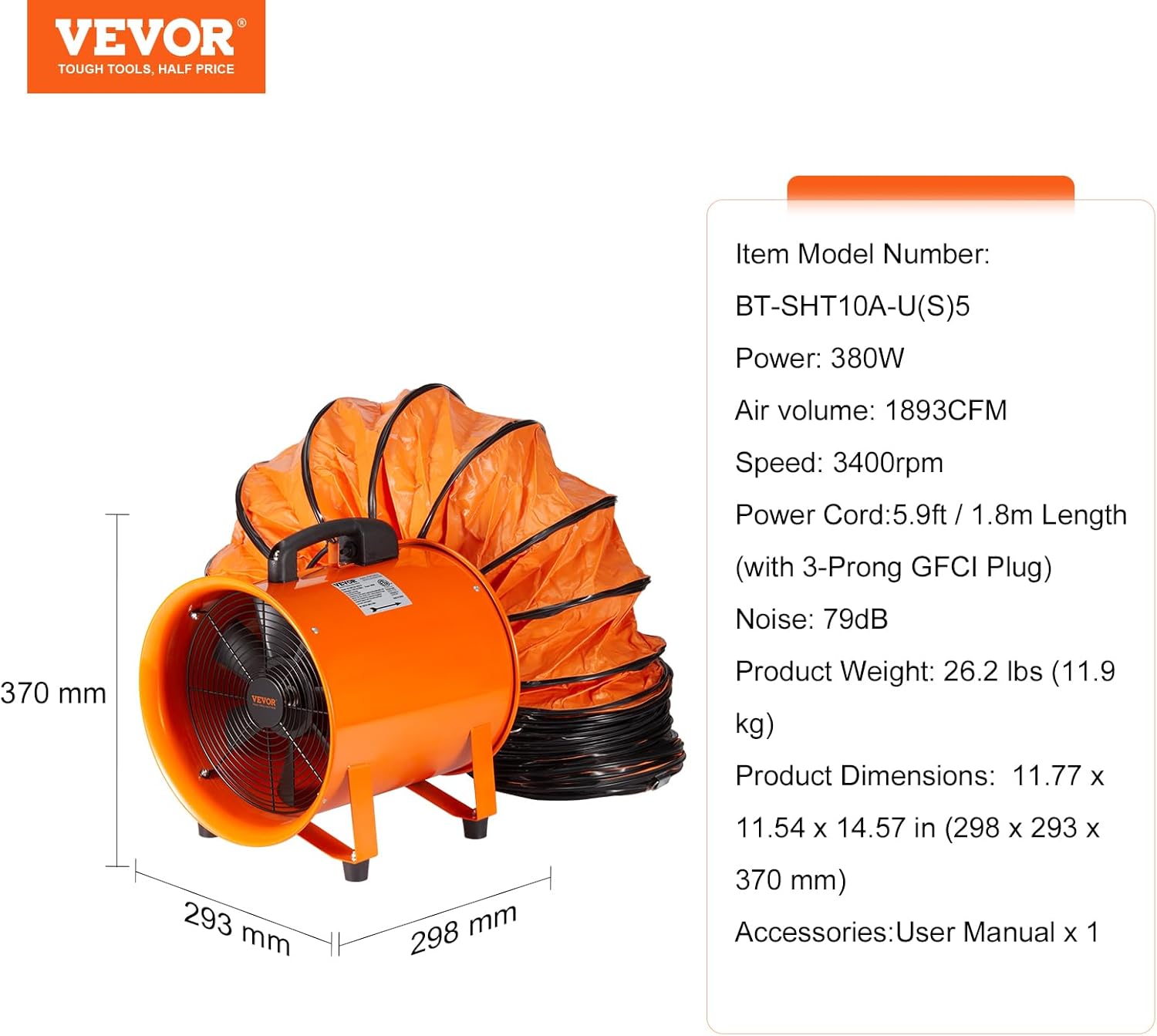 VEVOR Ventilador portátil de utilidad, ventilador axial de cilindro resistente de 10 pulgadas, 380 W, 1893 CFM, con manguera de conducto de 16.4