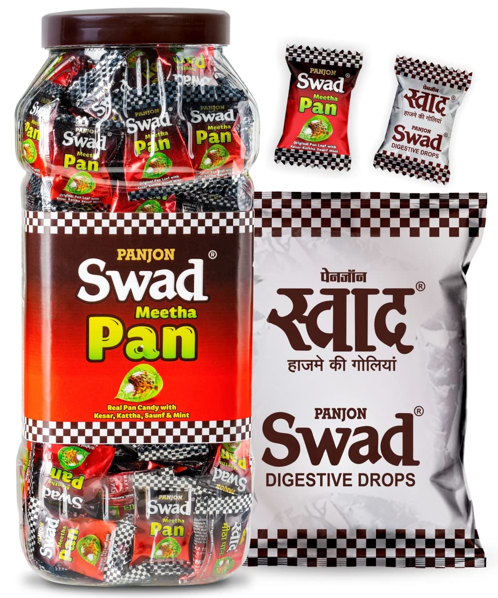 Swad Meetha Pan Candy & Swad Digestive Toffee Masala Chocolate (17.64 oz Paan Tarro, 50 Regular Pack) 2 unidades