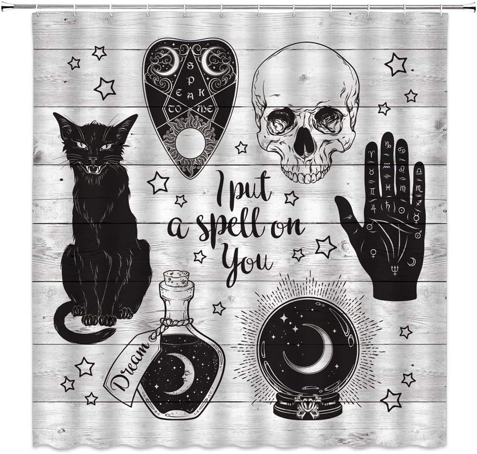 Cortina de ducha con diseño de calavera de gato negro Ouija, con cita de miedo, de madera rústica, magia, brujería, alquimia, ilustración gótica,