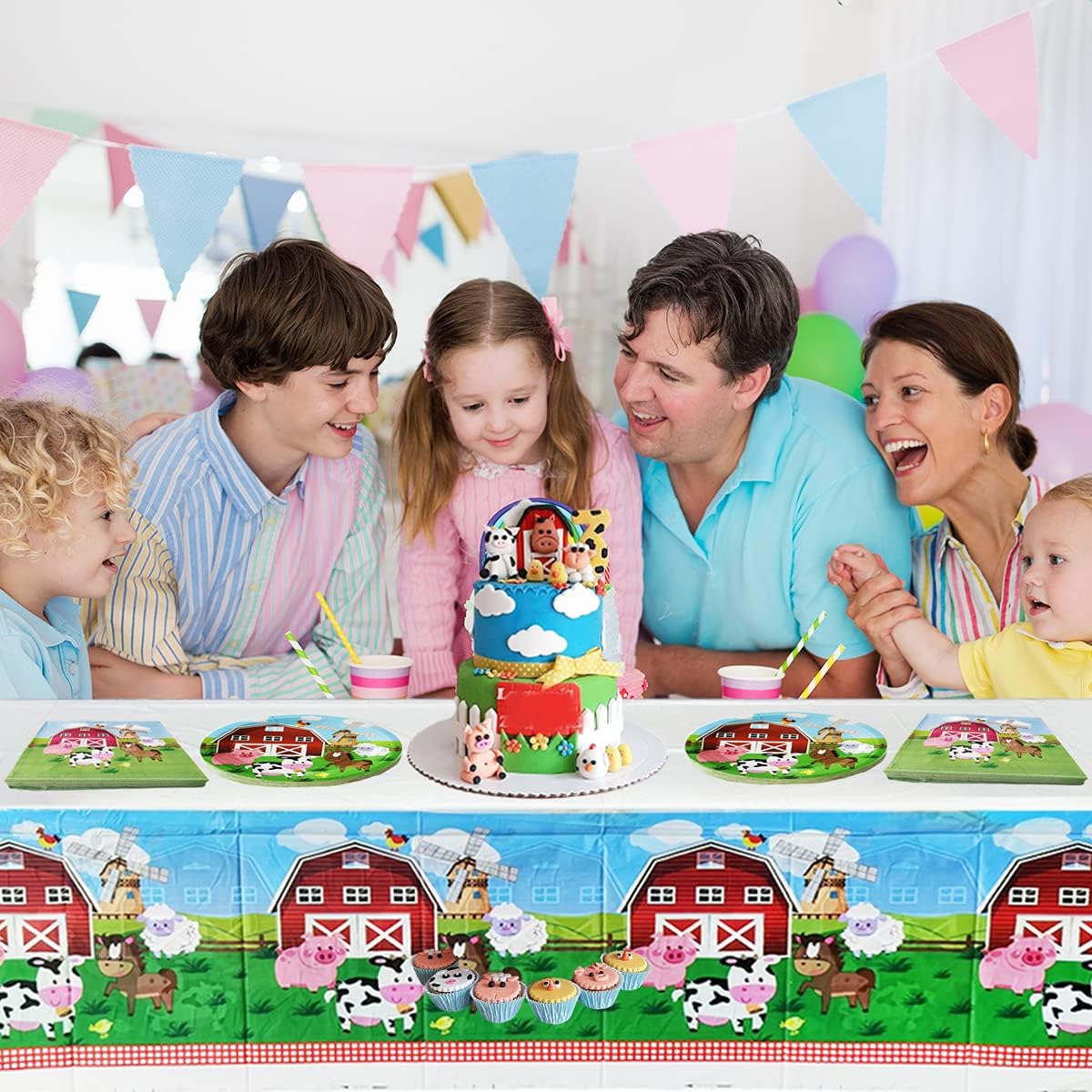 Juego de vajilla de fiesta de animales de granja, 20 platos y 20 servilletas y mantel de 71 x 42 pulgadas, suministros de decoración de fiestas
