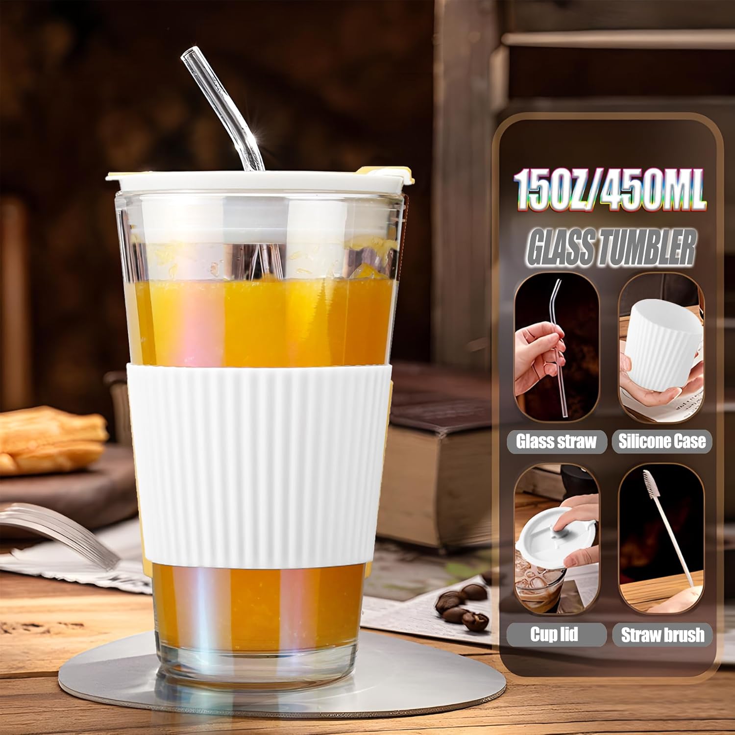 Vaso de vidrio de 15 onzas con popote de vidrio y tapa, taza de café helado Aurora de 15.2 fl oz con funda protectora de silicona, cabe en
