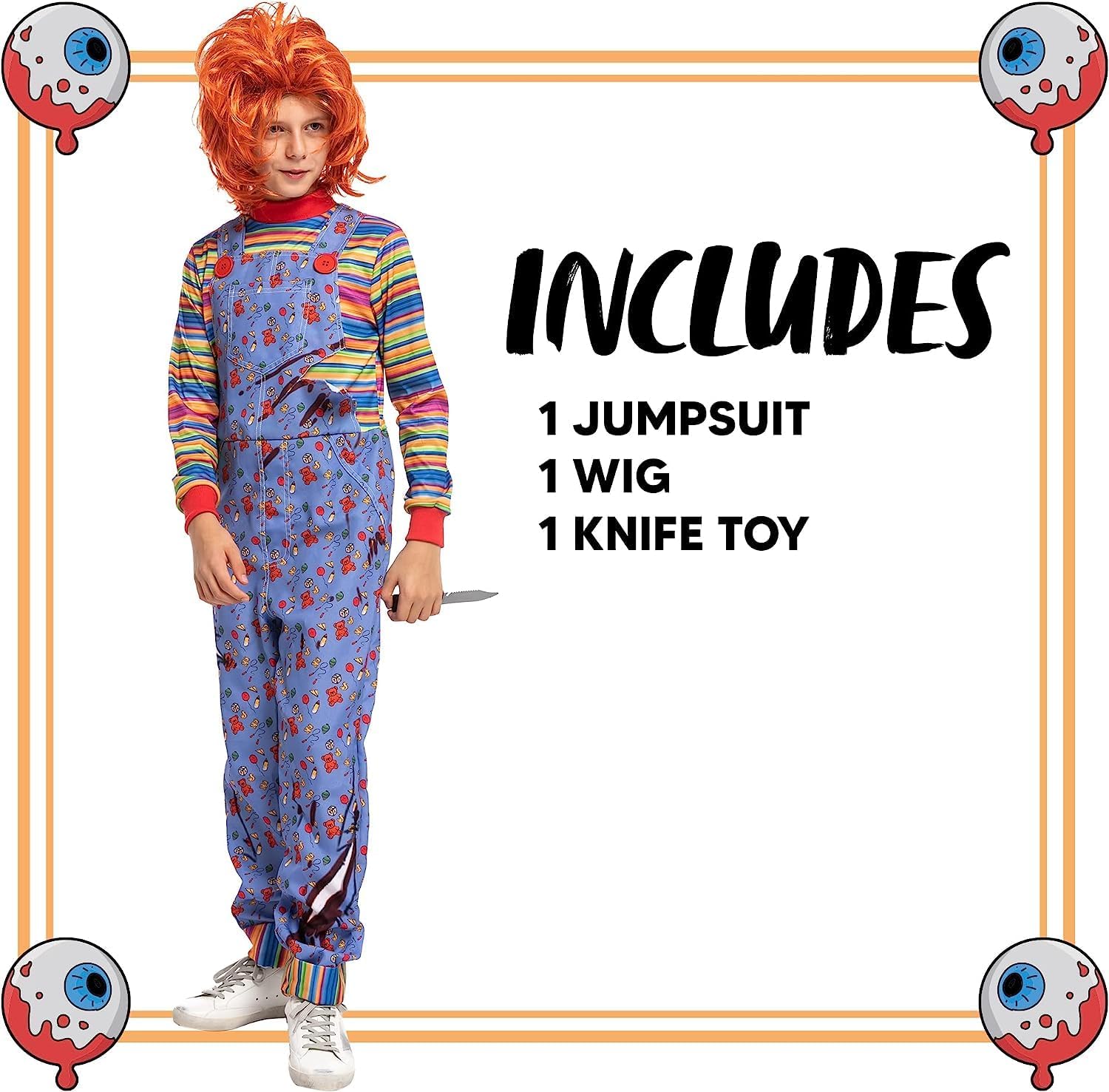Spooktacular Creations Disfraz de Chucky de Halloween para niño, disfraz de muñeca de película de terror poseído para fiesta de disfraces para niños