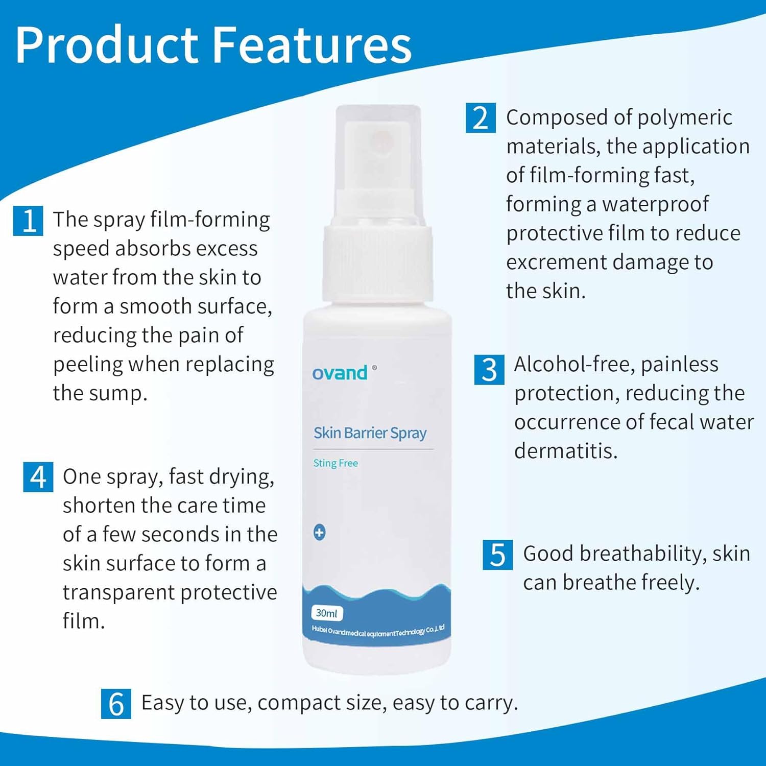 ovand Spray de barrera para la piel de ostomía de 1.0 fl oz, sin alcohol y sin picazón para el cuidado de la ostomía, aerosol de barrera de la piel,