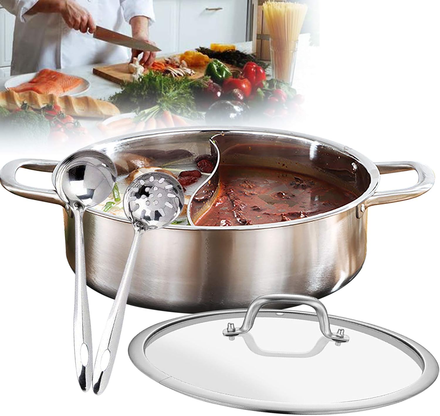 Olla caliente Shabu de doble cara, olla de acero inoxidable con divisor, olla dividida con 2 cucharones de sopa de alimentos y 1 tapa de vidrio