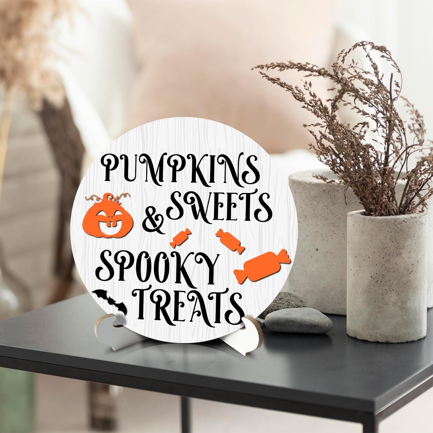 Placa redonda de madera de Halloween de 6 pulgadas con soporte de madera, decoración de escritorio, golosinas espeluznantes, calabazas dulces,