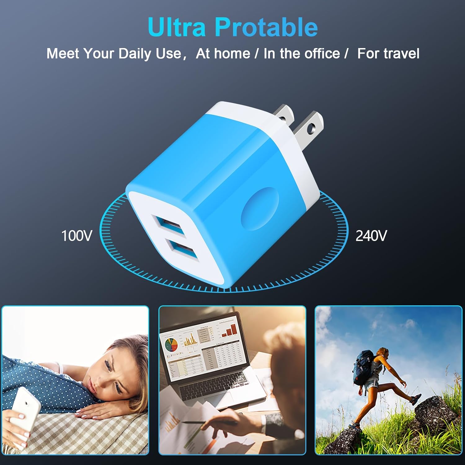 Cargador de pared USB, ladrillo cargador, paquete de 2.1 A, adaptador de cargador USB de doble puerto, bloque de carga rápida, caja de cargador para