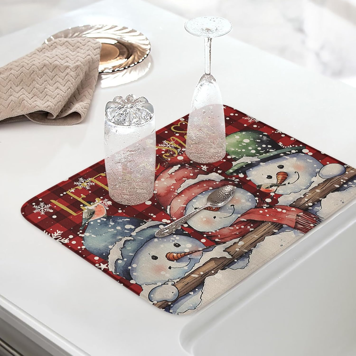 Tapete de secado de platos de muñeco de nieve de Navidad para encimera de cocina, tapete de secado de platos de copo de nieve de invierno de