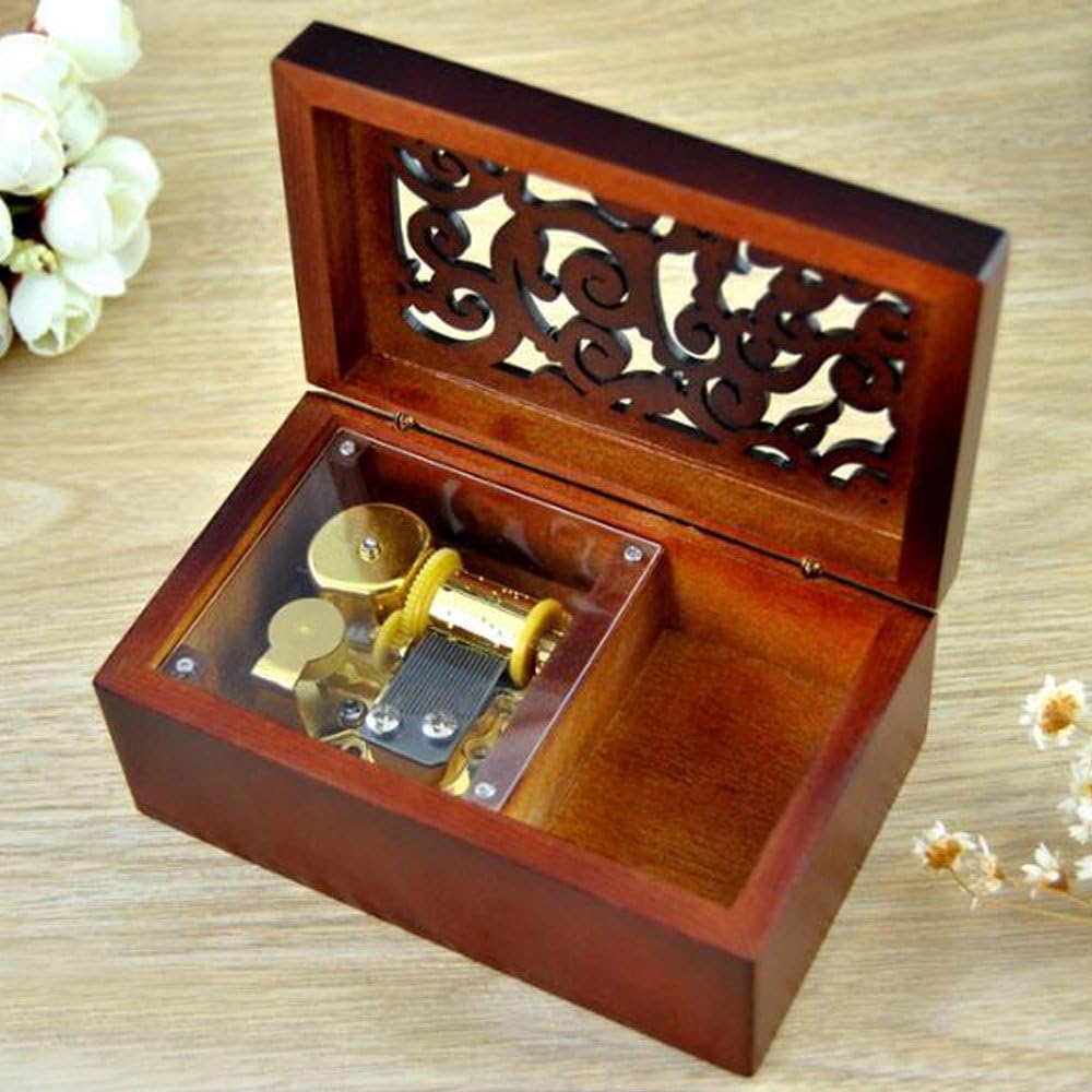 Caja musical de madera grabada antigua, caja musical de piel Elise, con movimiento chapado en oro, rectángulo